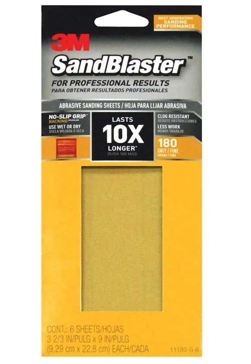 3M 11180-G-6 SandBlaster Sandpaper w/No Slip Grip Backing, 180 Grit, 9" X 3-2/3"