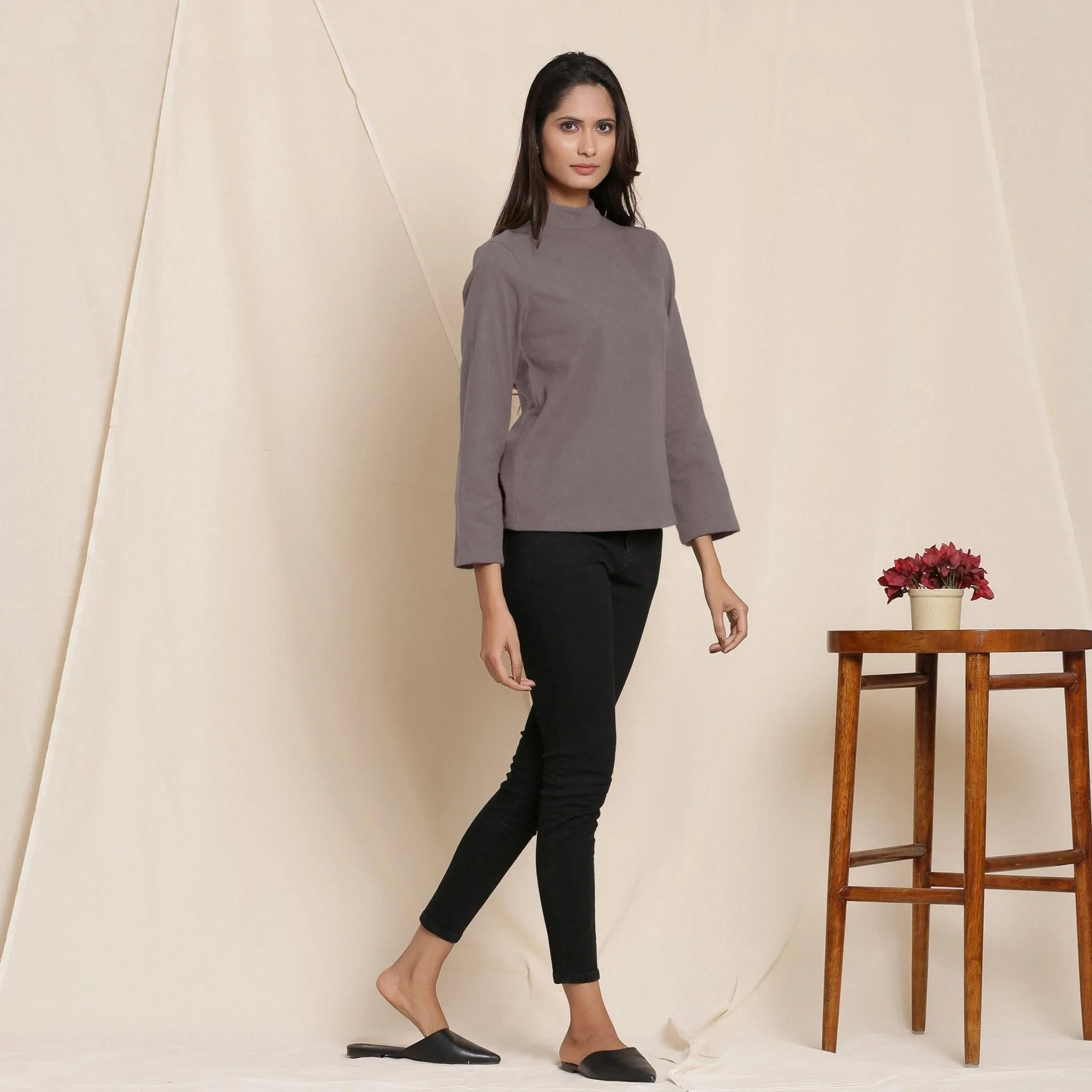 Ash Grey Warm Cotton Turtleneck Flannel Top