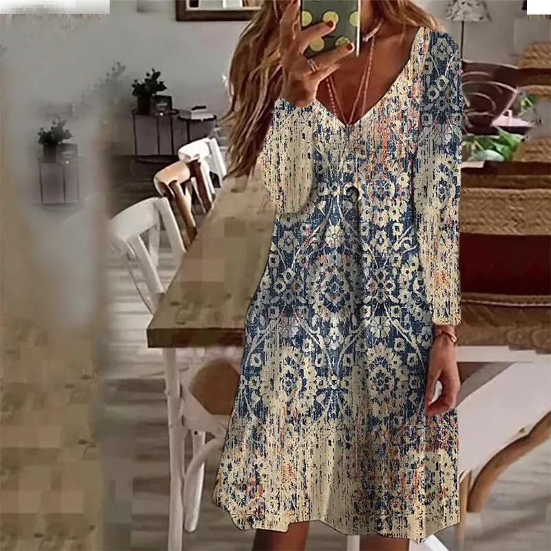 Autumn New Arrival Abstract Print V-neck Casual Long Sleeve Dress