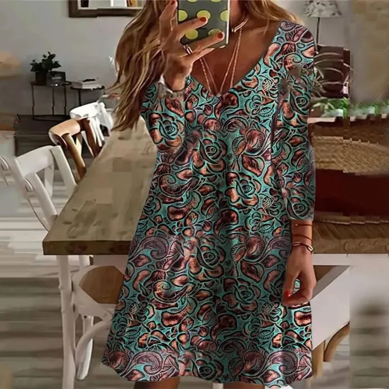 Autumn New Arrival Abstract Print V-neck Casual Long Sleeve Dress