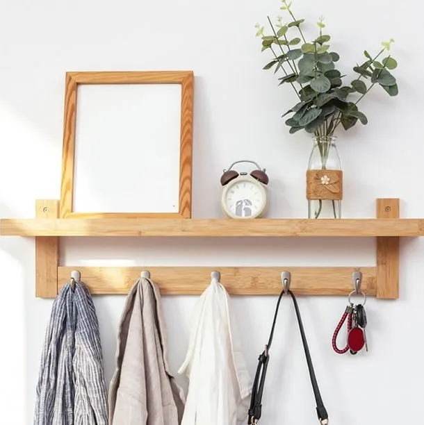 Bamboo wall rack with hooks