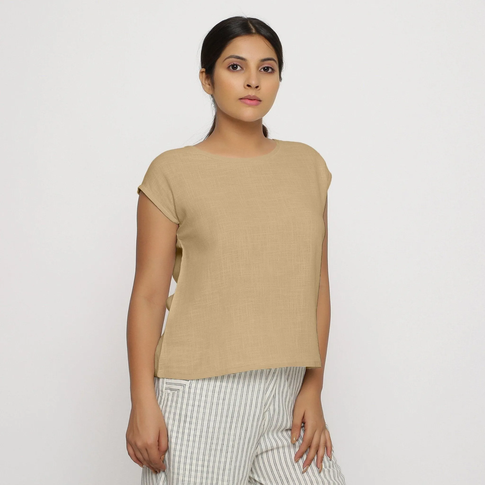 Beige 100% Cotton Drop Shoulder Round Neck Top