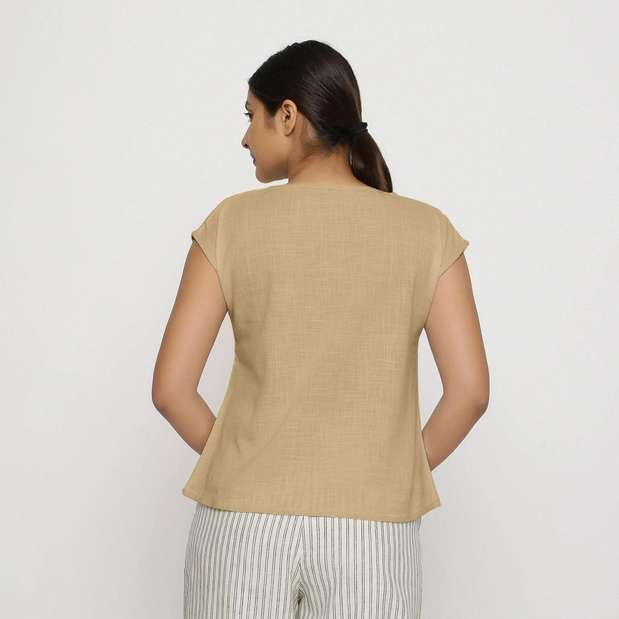 Beige 100% Cotton Drop Shoulder Round Neck Top