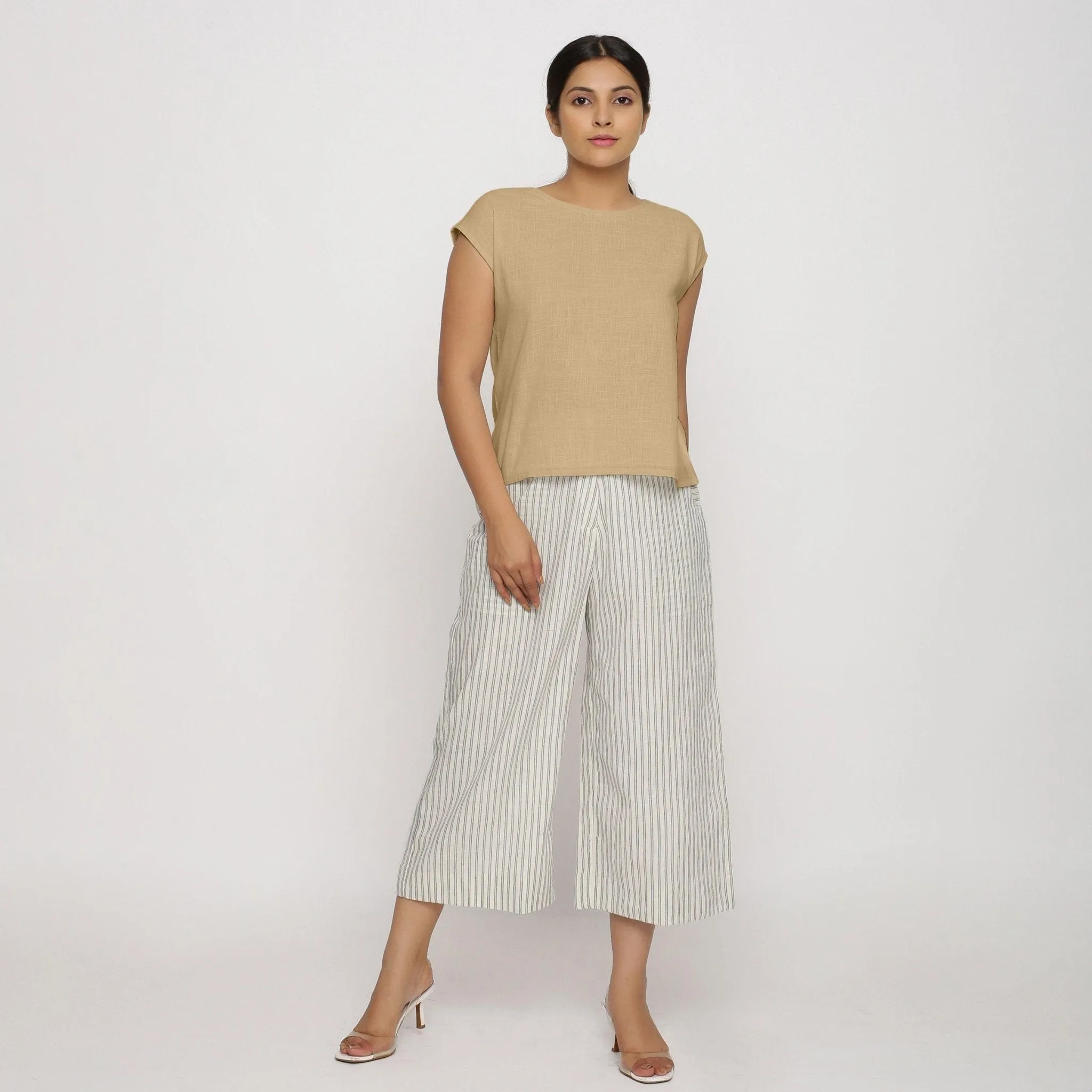 Beige 100% Cotton Drop Shoulder Round Neck Top