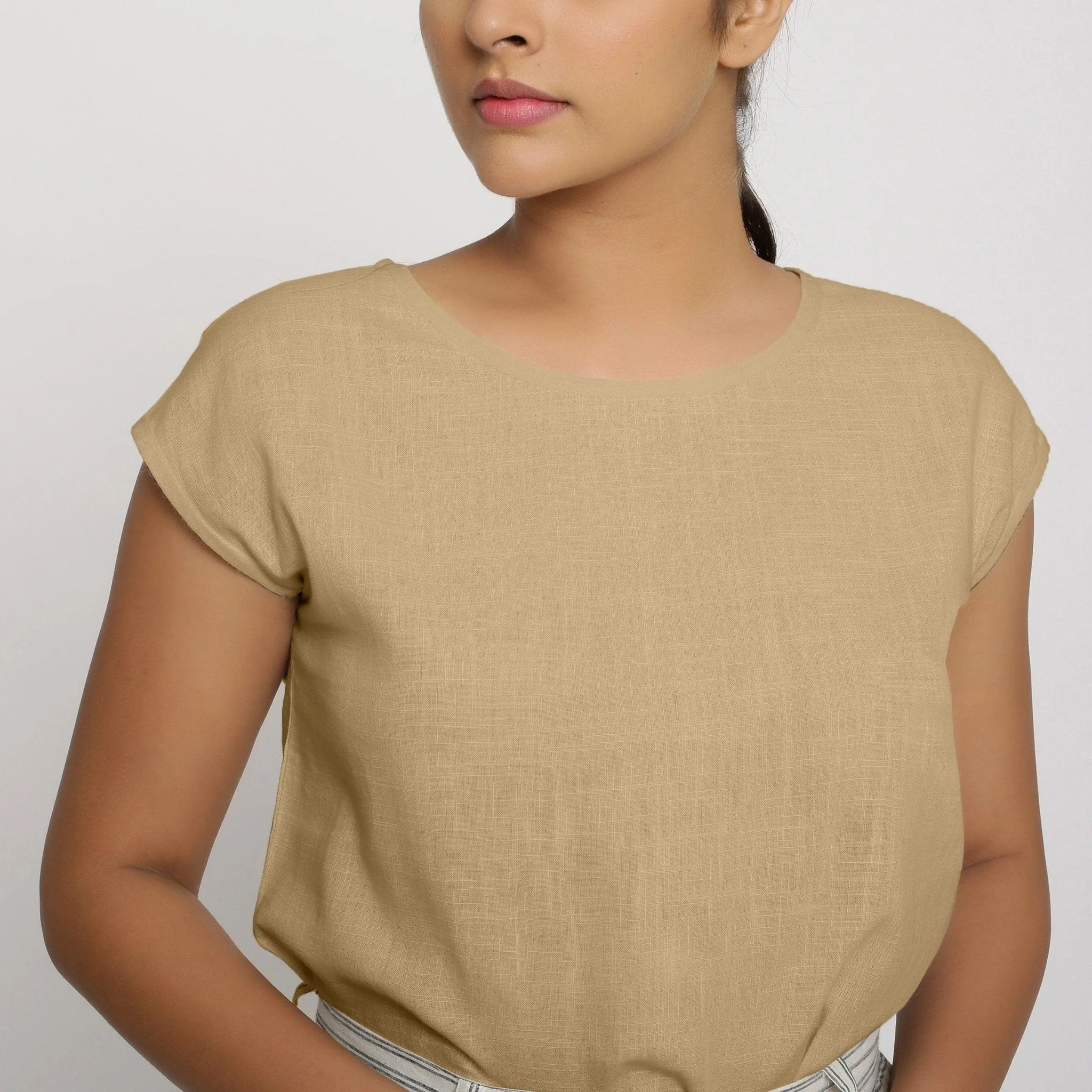 Beige 100% Cotton Drop Shoulder Round Neck Top