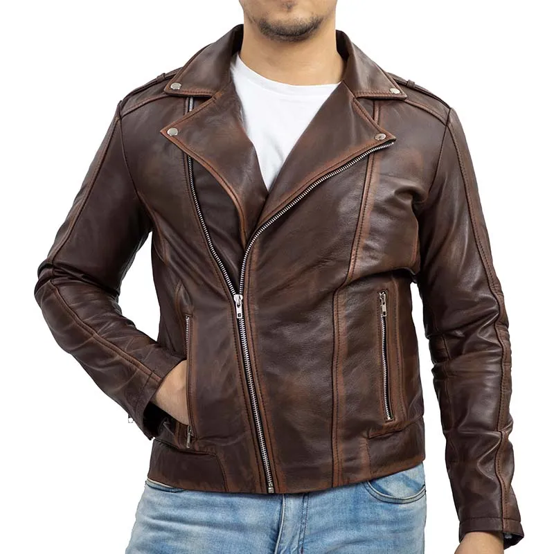 Biker Style Genuine Leather Jacket Men - Vintage Look Asymmetric Zip-Up Hand Waxed Leather Lapel Style Motorcycle Jacket-Brown