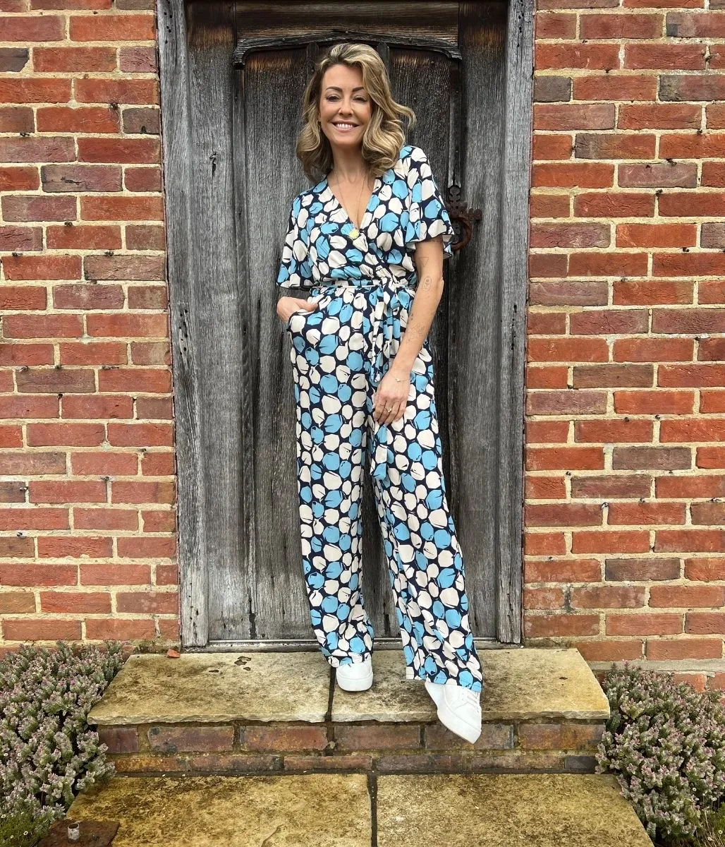 Blue Printed Wide Leg Jumpsuit