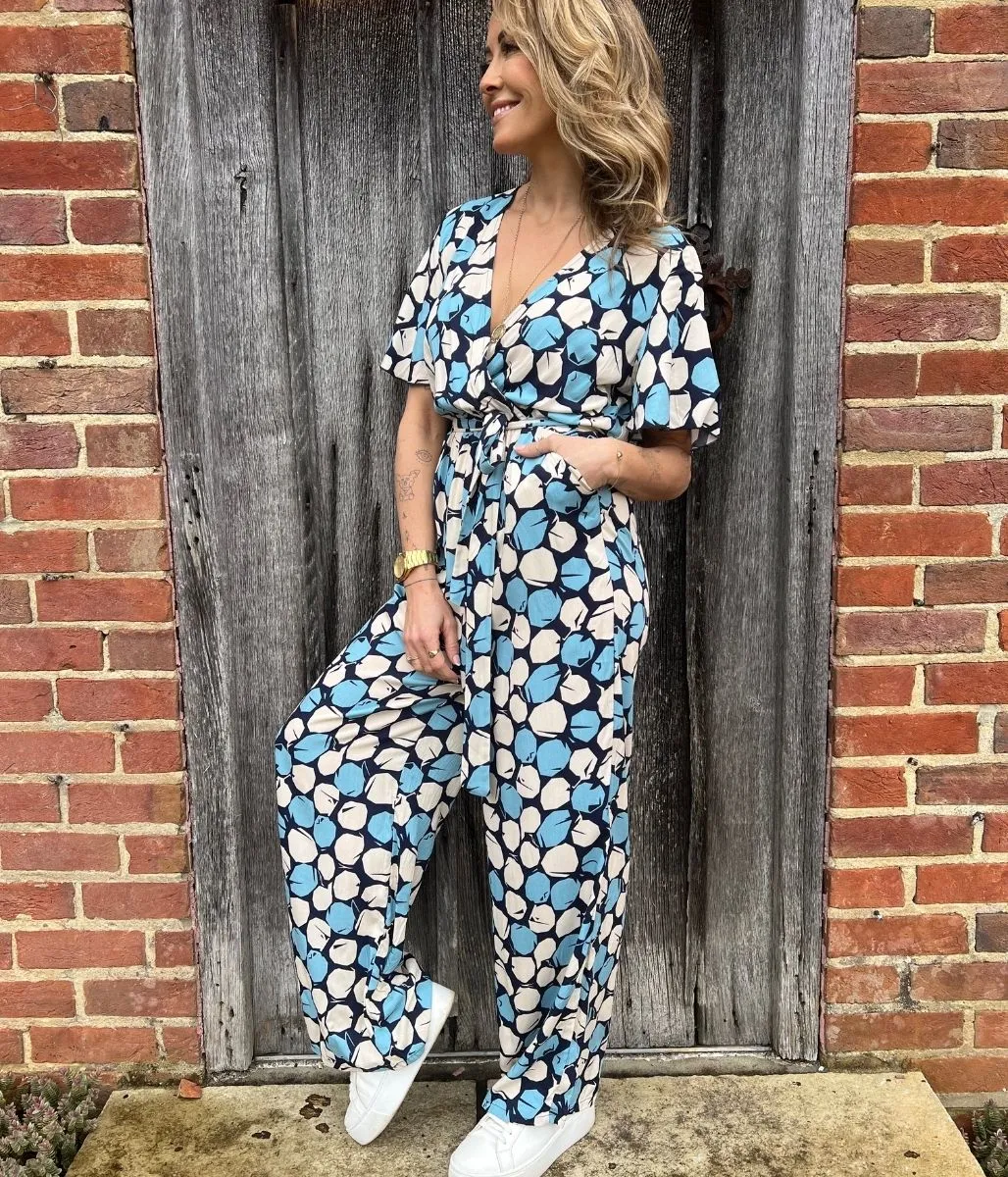 Blue Printed Wide Leg Jumpsuit