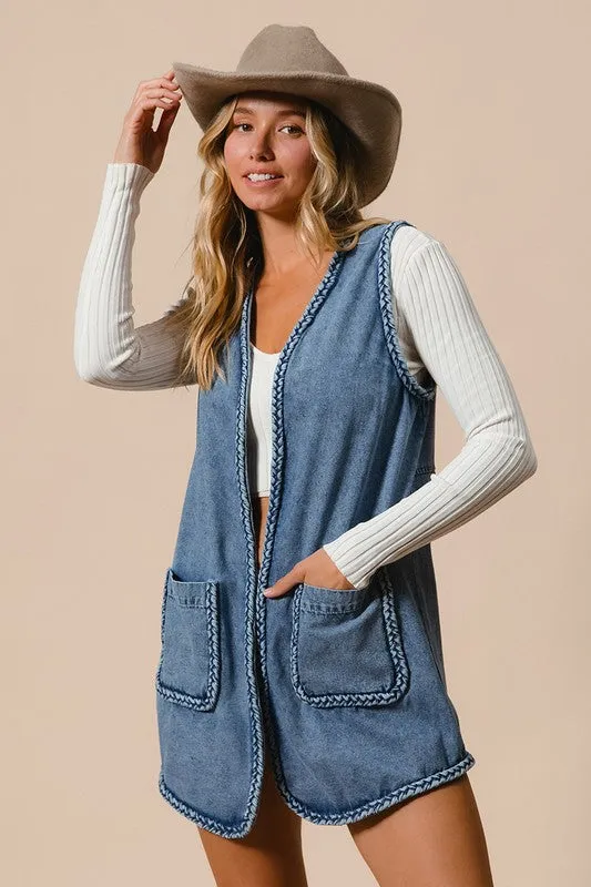 Braided Trim Open Front Denim Vest