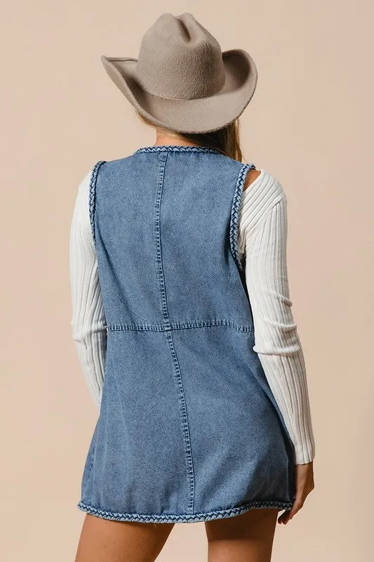 Braided Trim Open Front Denim Vest