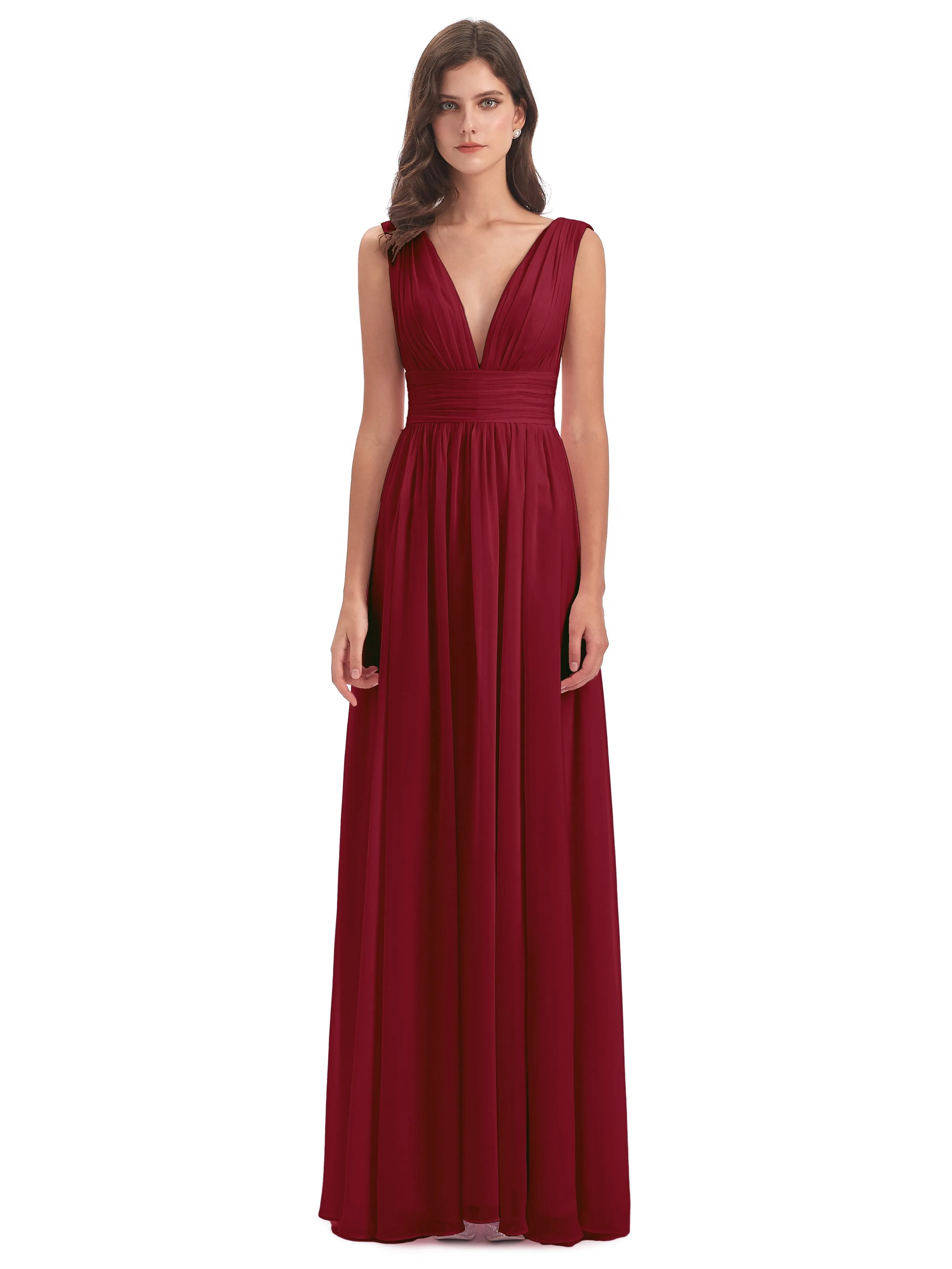 Bridesmaid Dresses Burgundy Charming Chiffon V Neck Split Long Bridesmaid Dresses