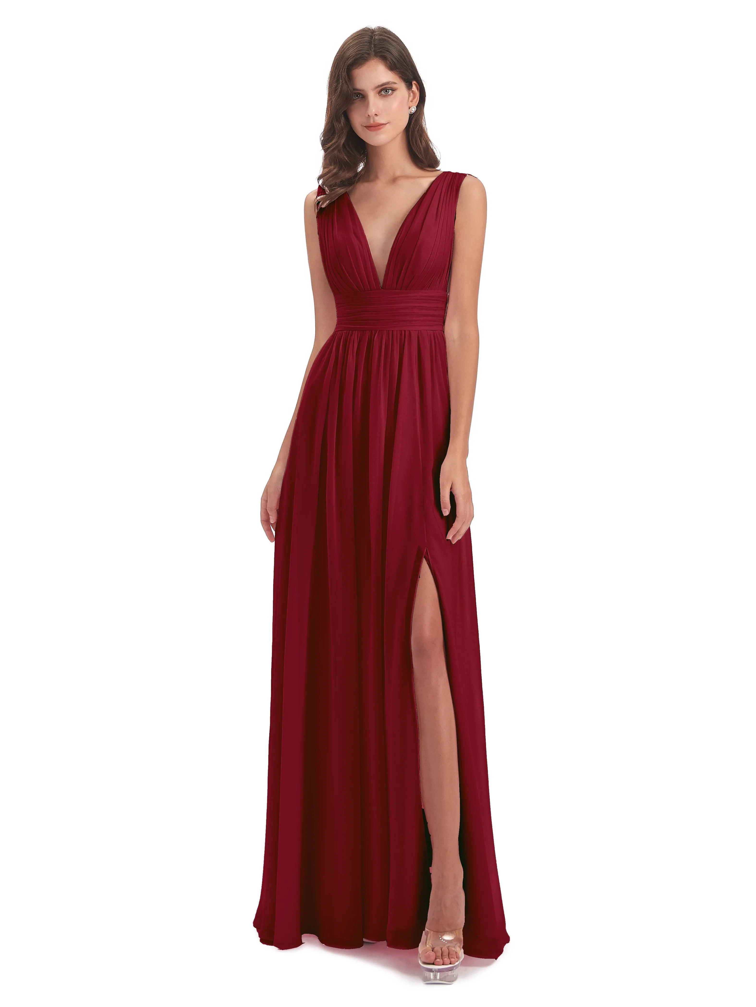 Bridesmaid Dresses Burgundy Charming Chiffon V Neck Split Long Bridesmaid Dresses