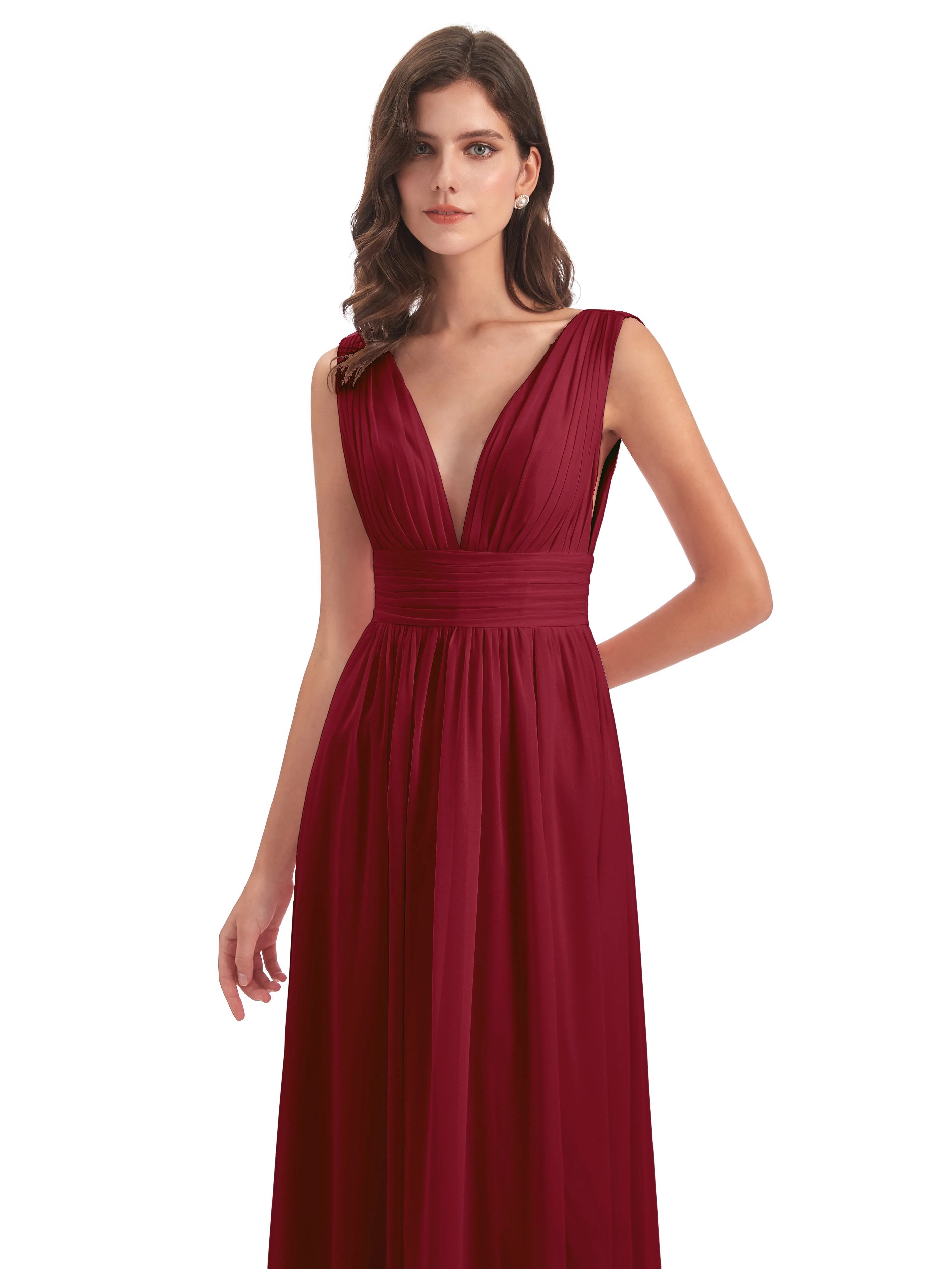 Bridesmaid Dresses Burgundy Charming Chiffon V Neck Split Long Bridesmaid Dresses