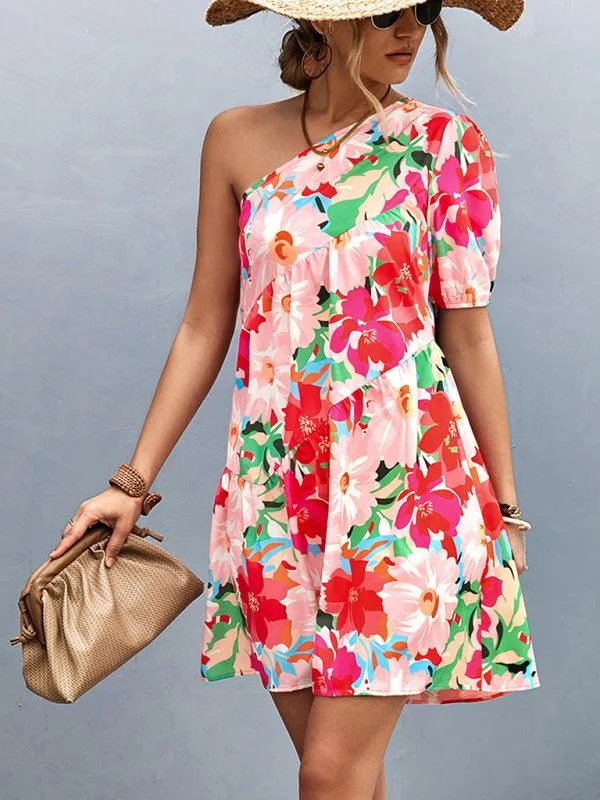 Chic Asymmetrical Floral One-Shoulder Dress