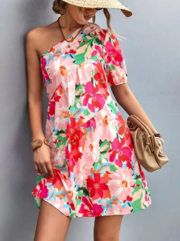 Chic Asymmetrical Floral One-Shoulder Dress