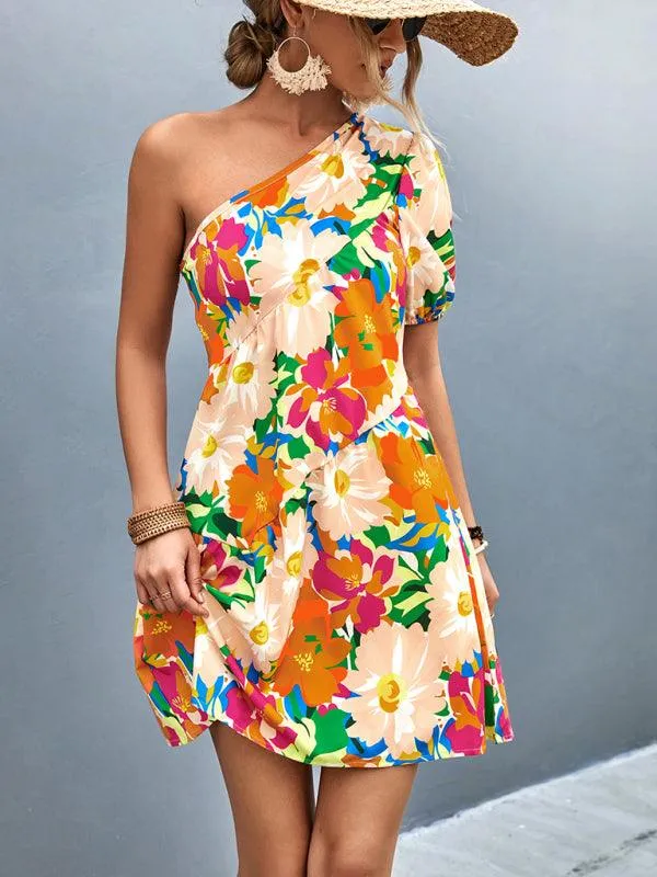 Chic Asymmetrical Floral One-Shoulder Dress