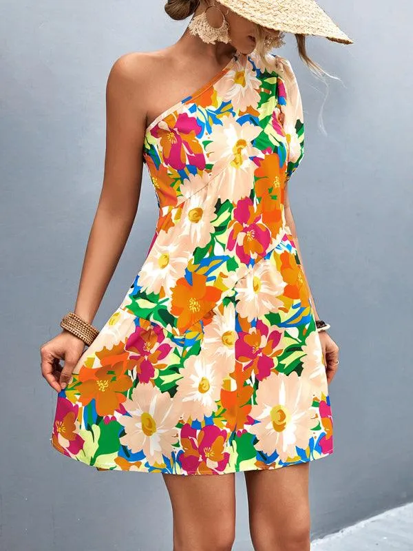 Chic Asymmetrical Floral One-Shoulder Dress