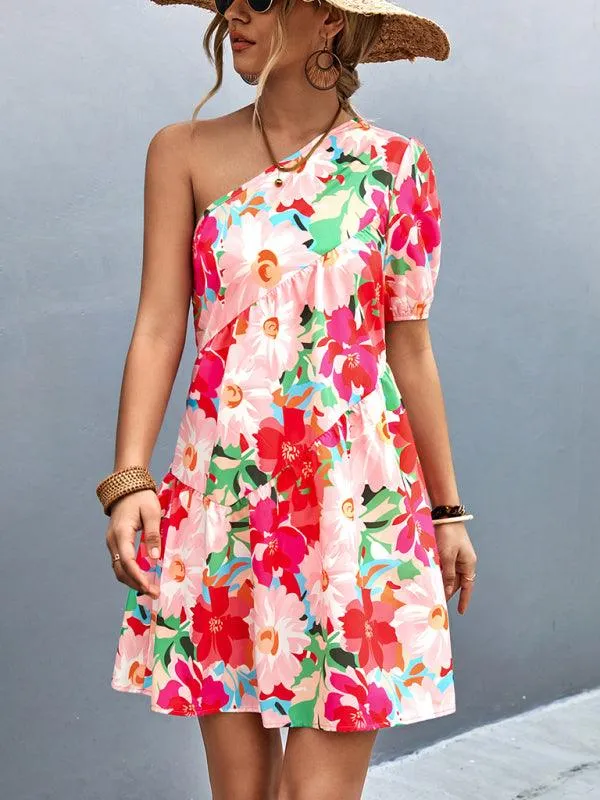 Chic Asymmetrical Floral One-Shoulder Dress