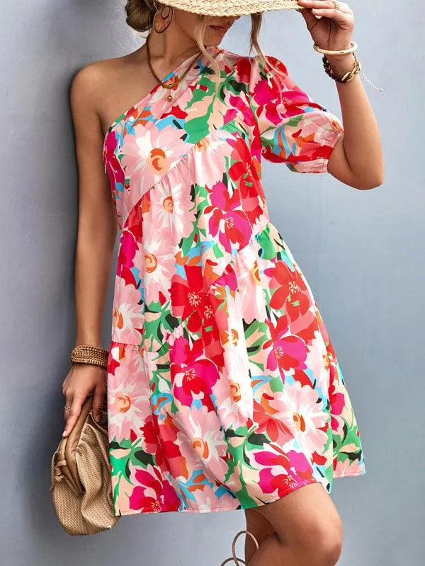 Chic Asymmetrical Floral One-Shoulder Dress