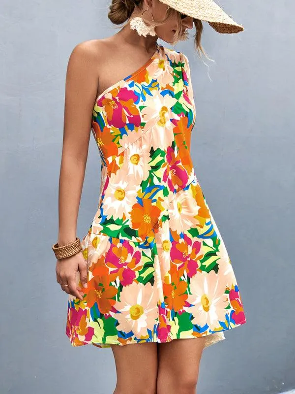 Chic Asymmetrical Floral One-Shoulder Dress