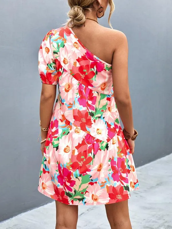 Chic Asymmetrical Floral One-Shoulder Dress