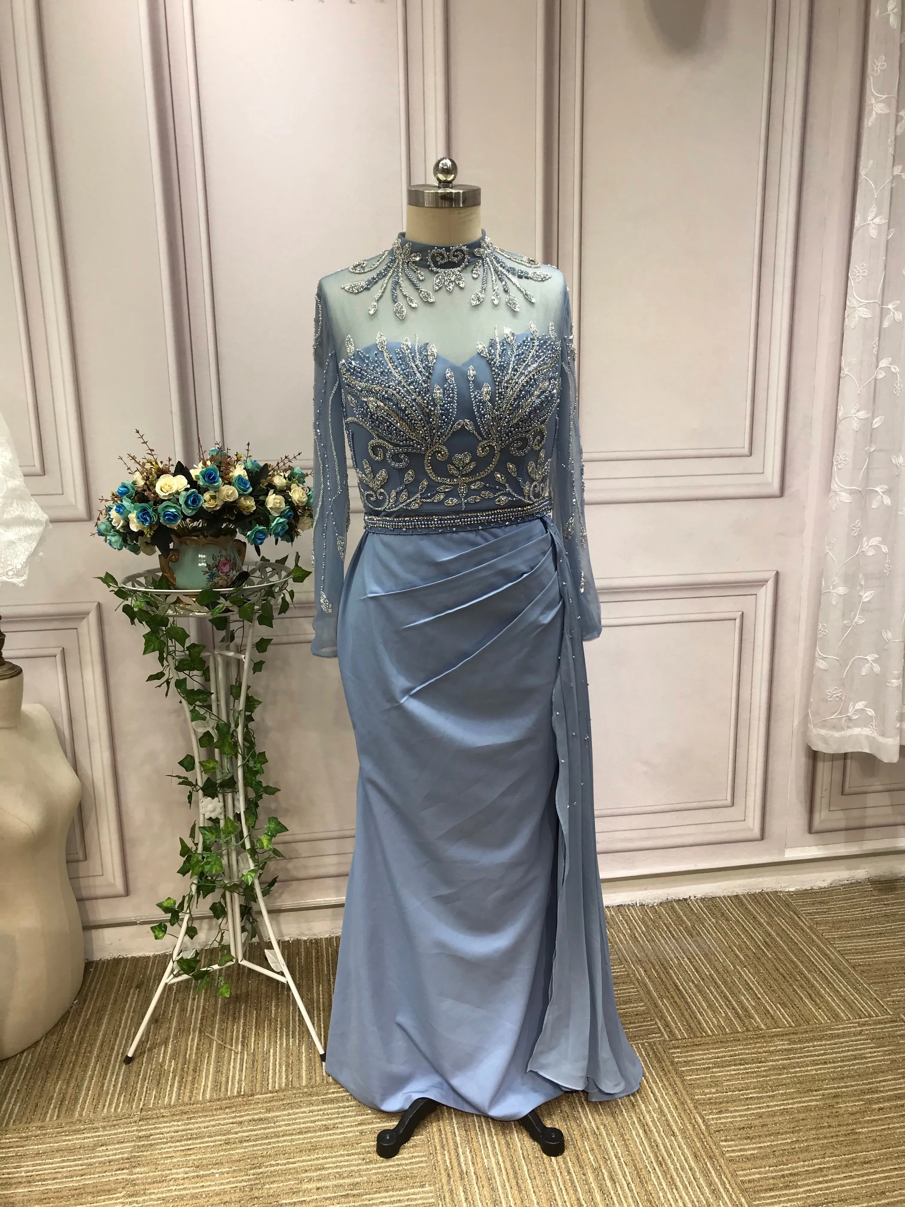 Chic handmade beaded dusty blue mermaid dress,mother of the bride dress with side tail #2022824