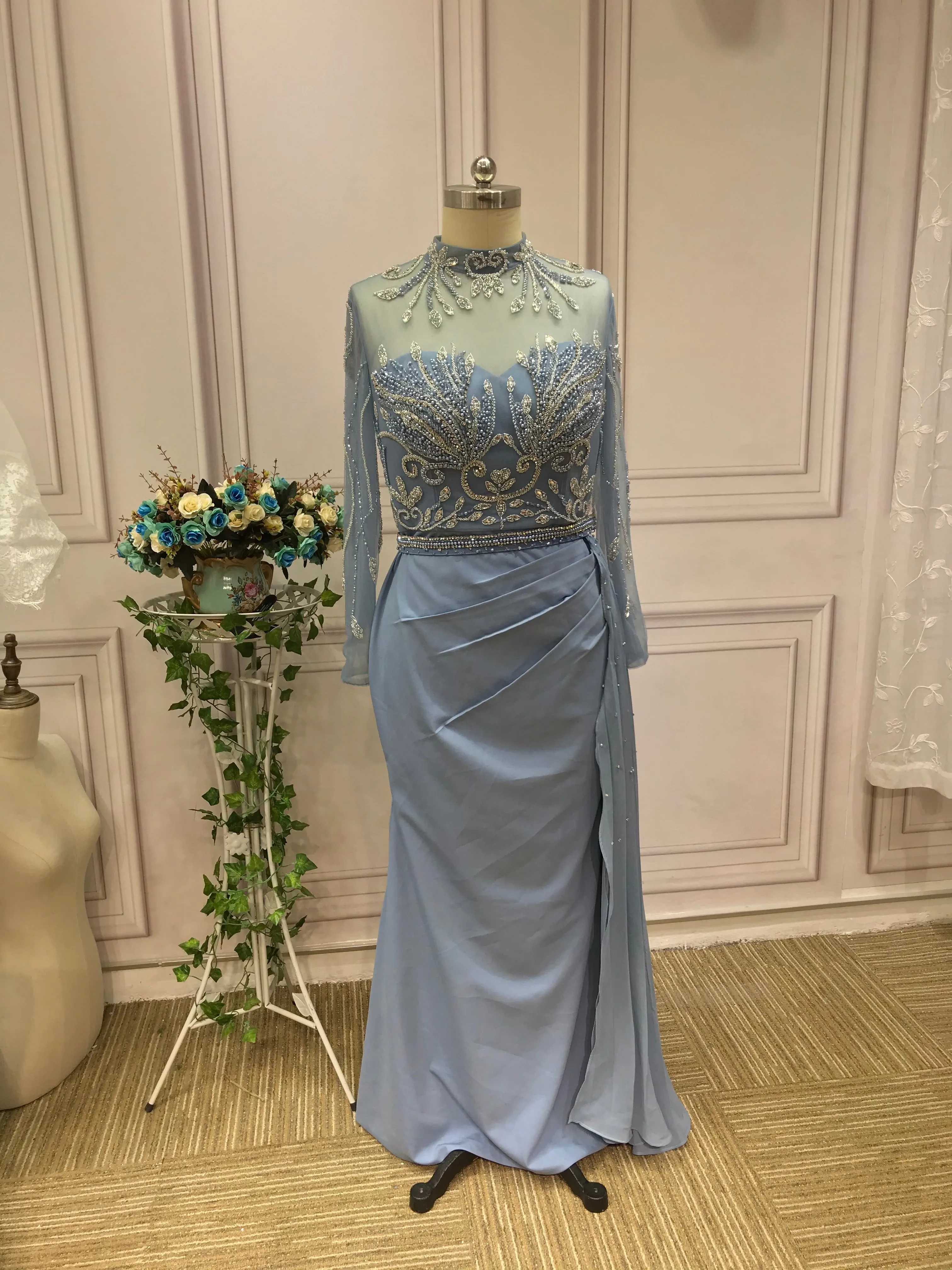 Chic handmade beaded dusty blue mermaid dress,mother of the bride dress with side tail #2022824