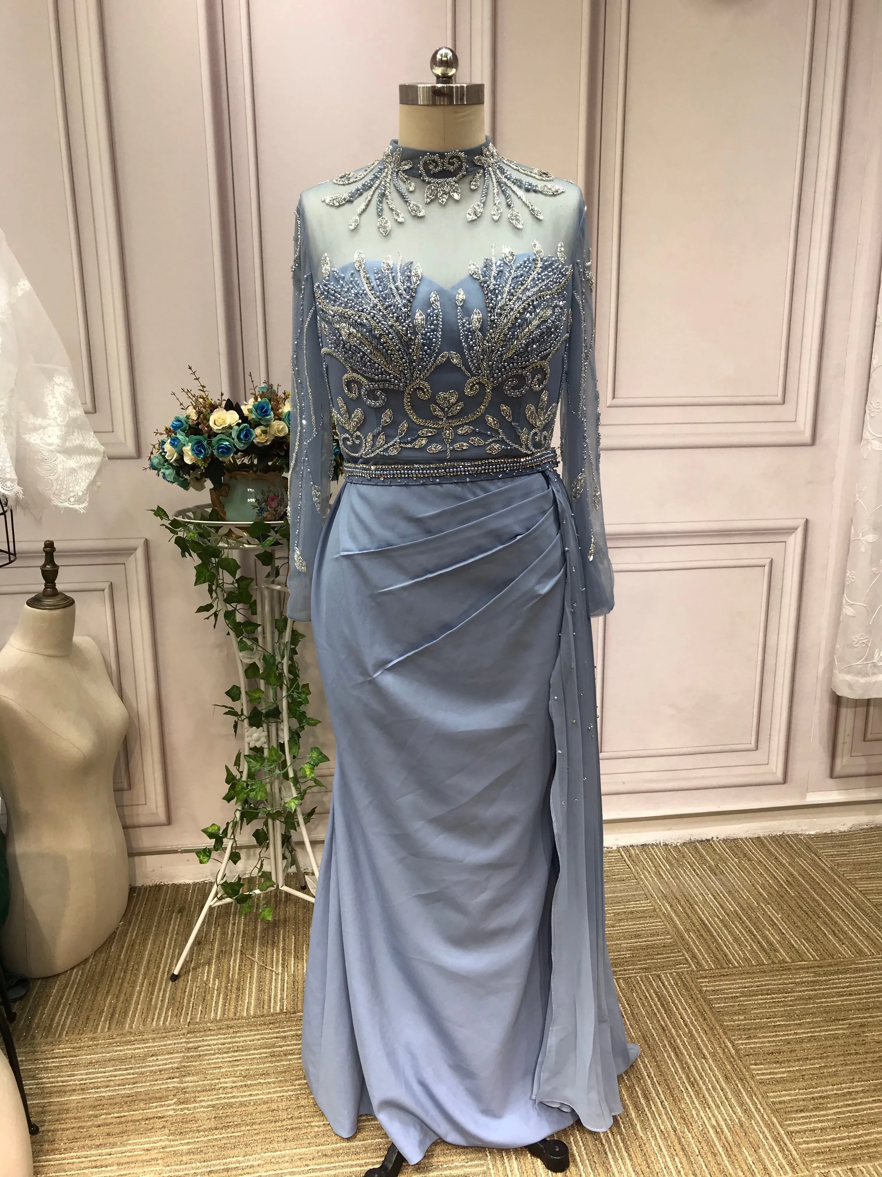 Chic handmade beaded dusty blue mermaid dress,mother of the bride dress with side tail #2022824