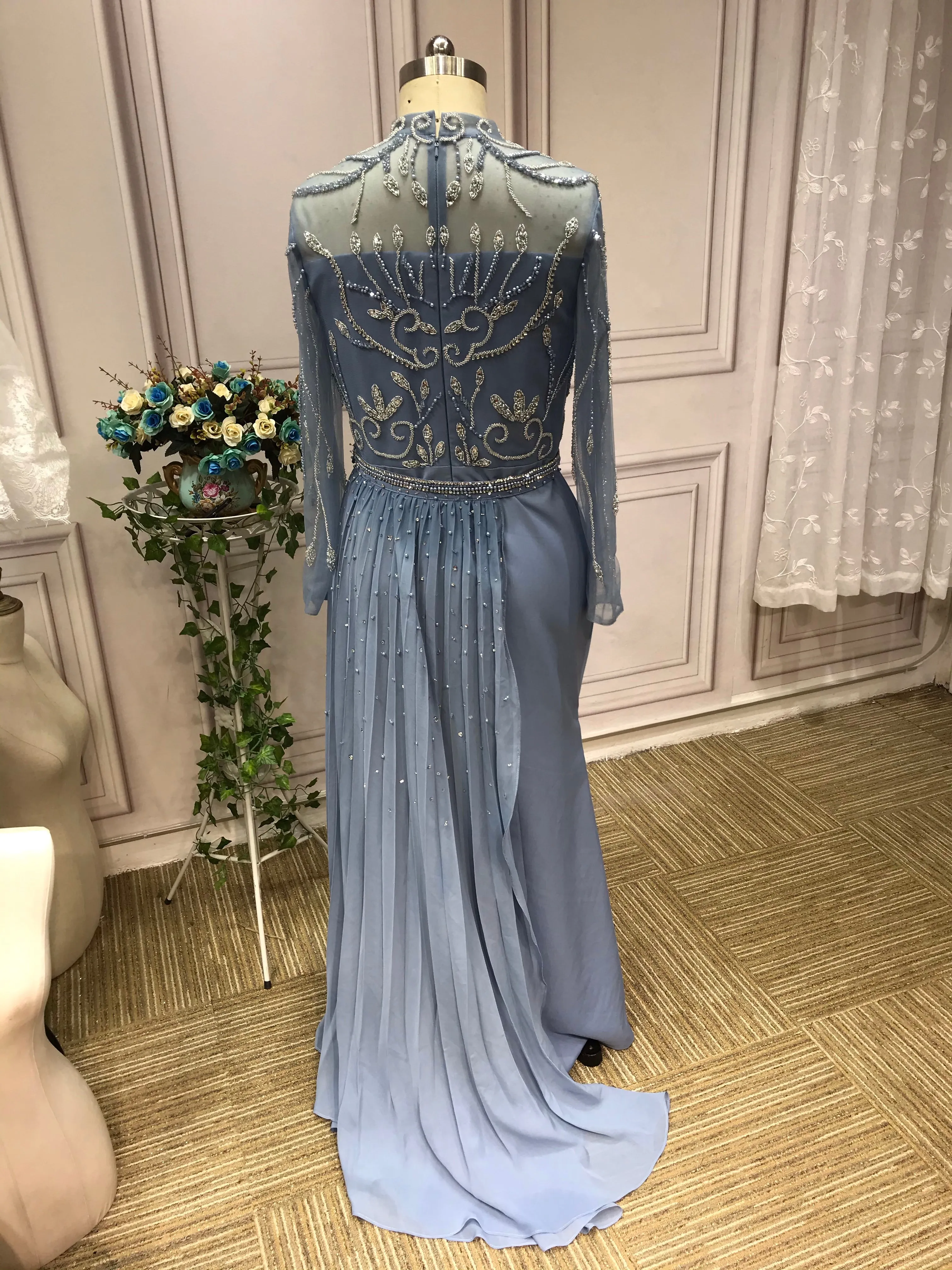 Chic handmade beaded dusty blue mermaid dress,mother of the bride dress with side tail #2022824