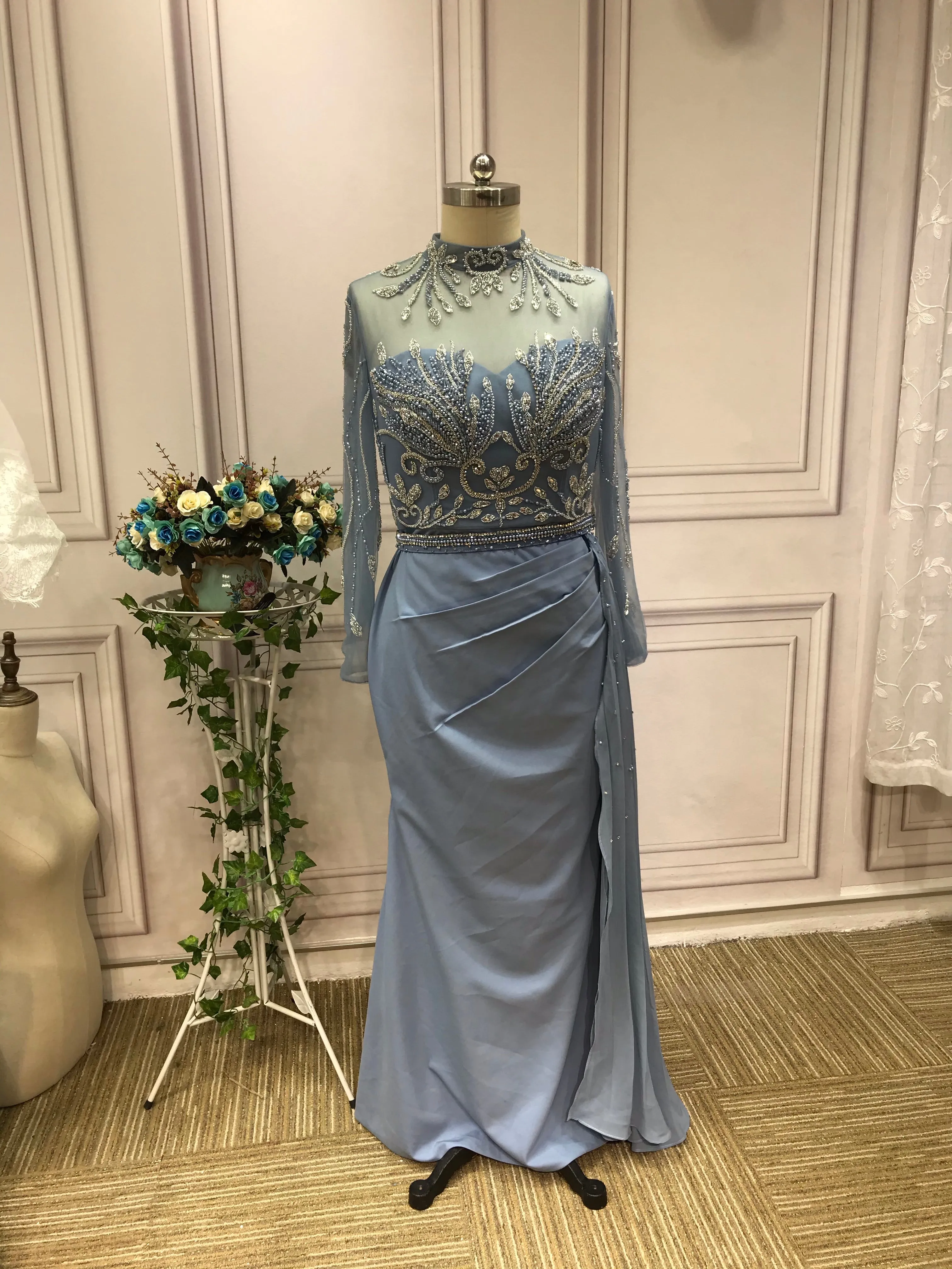 Chic handmade beaded dusty blue mermaid dress,mother of the bride dress with side tail #2022824