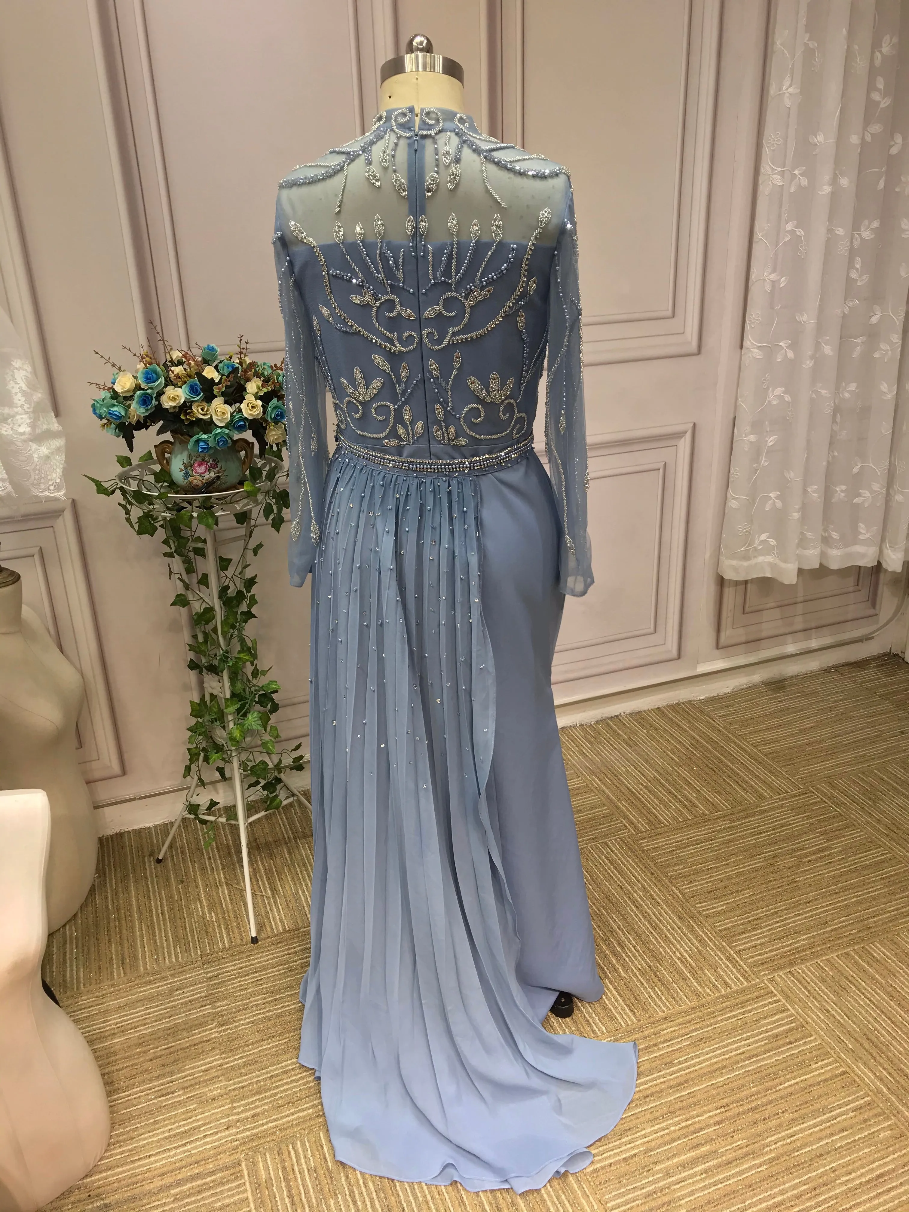 Chic handmade beaded dusty blue mermaid dress,mother of the bride dress with side tail #2022824