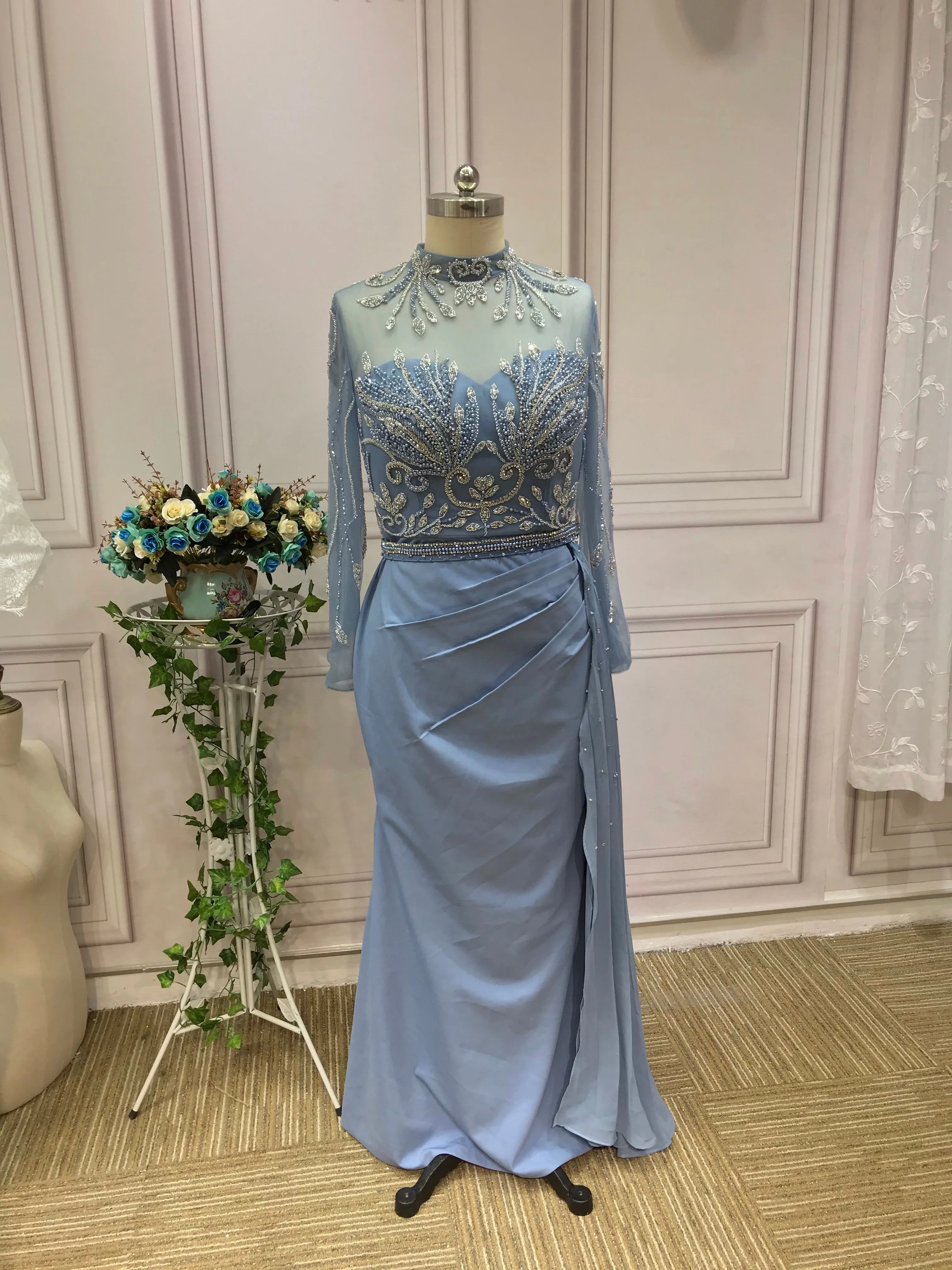 Chic handmade beaded dusty blue mermaid dress,mother of the bride dress with side tail #2022824