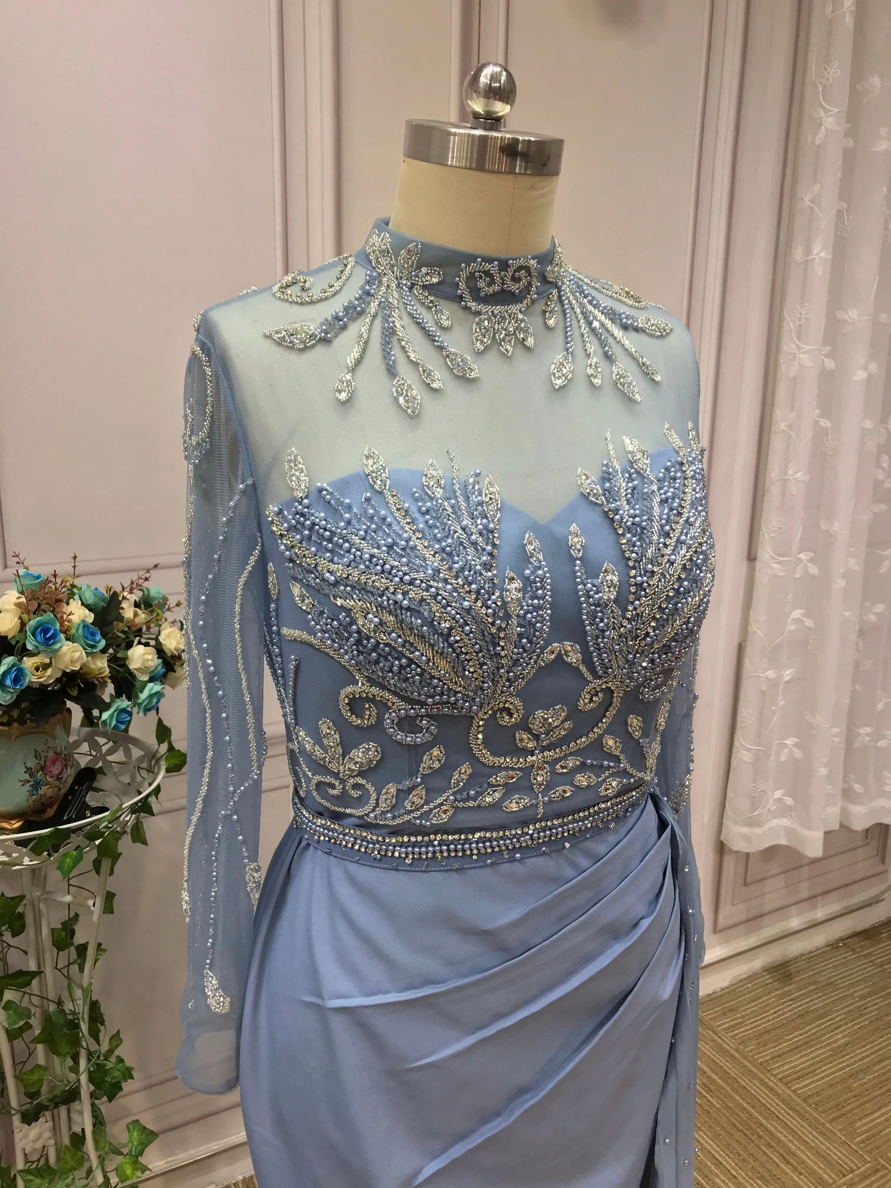 Chic handmade beaded dusty blue mermaid dress,mother of the bride dress with side tail #2022824