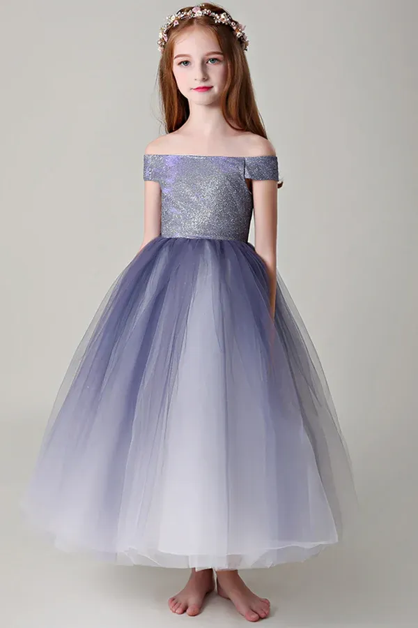Chic Off The Shoulder Sleeveless Tulle Sequins Floor Length Flower Girl Dresses APF0015