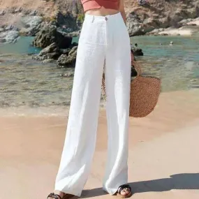 Chic Summer White High Waist Cotton Linen Straight Pants for Women