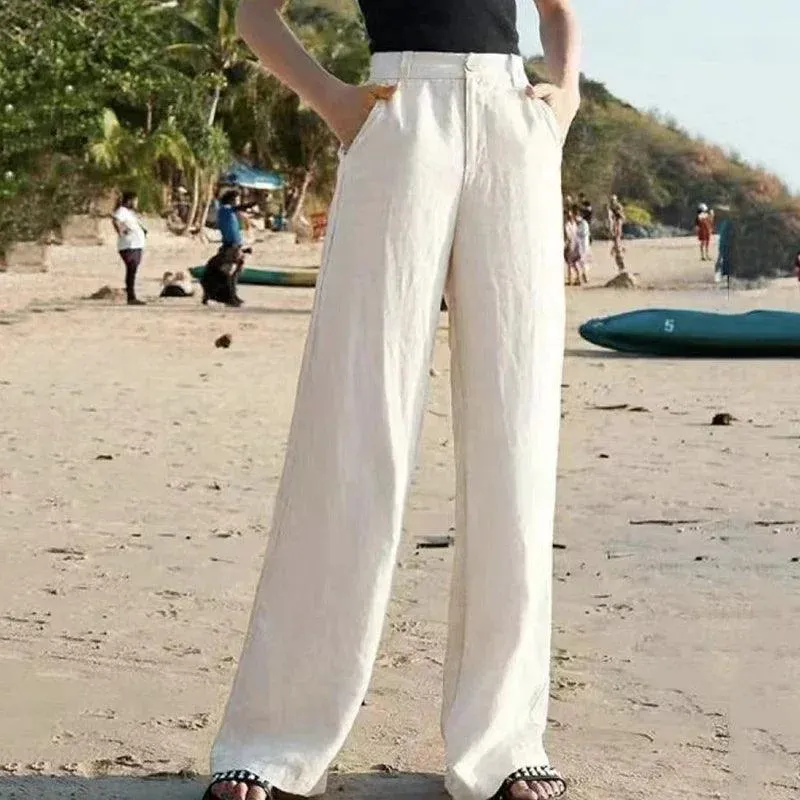 Chic Summer White High Waist Cotton Linen Straight Pants for Women