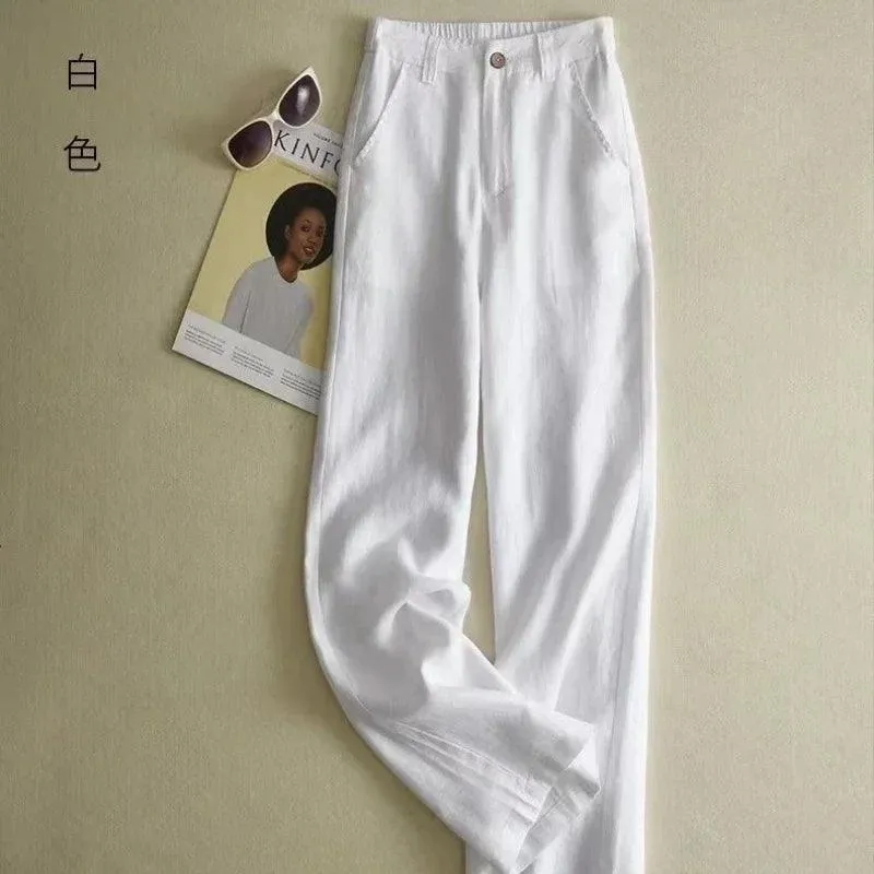 Chic Summer White High Waist Cotton Linen Straight Pants for Women