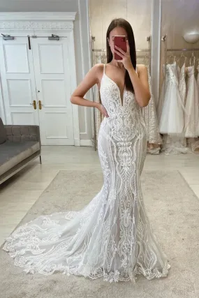 Chic Tulle Mermaid V-neck Spaghetti Straps Boho Lace Wedding Dresses, SW694