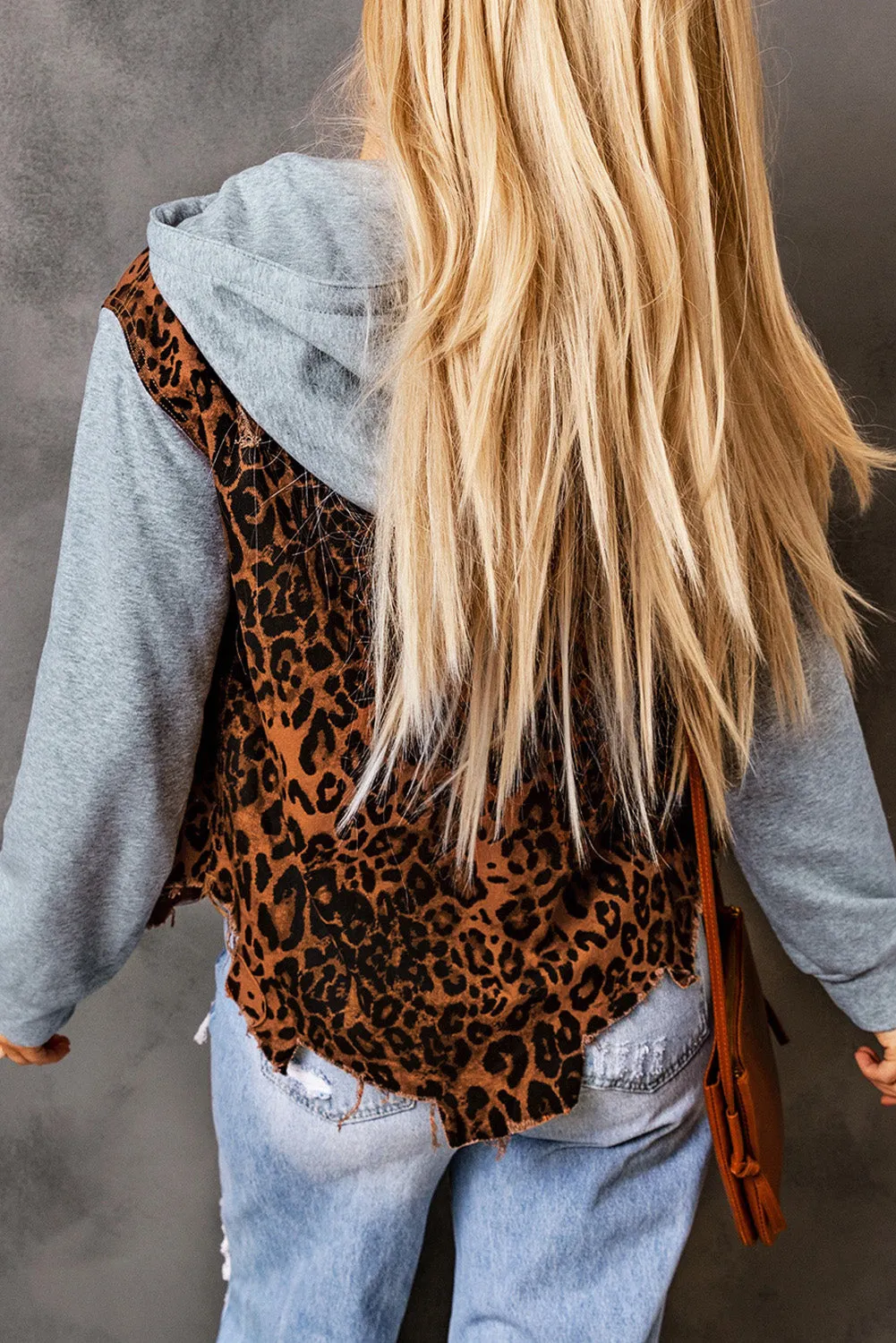 Denim Jacket Animal Print 100% Cotton Premium Leopard Distressed Drawstring Hooded Denim Jacket