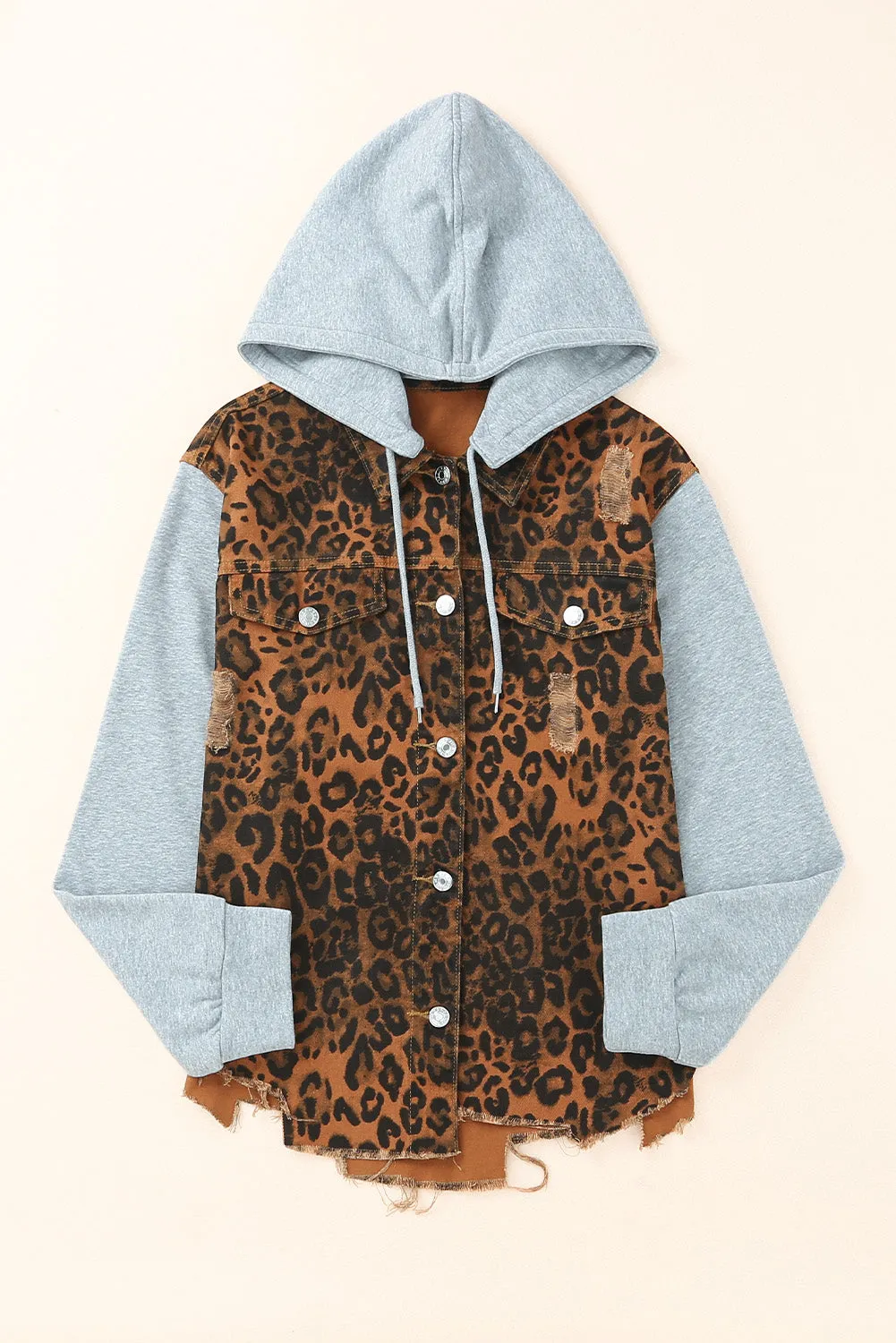 Denim Jacket Animal Print 100% Cotton Premium Leopard Distressed Drawstring Hooded Denim Jacket