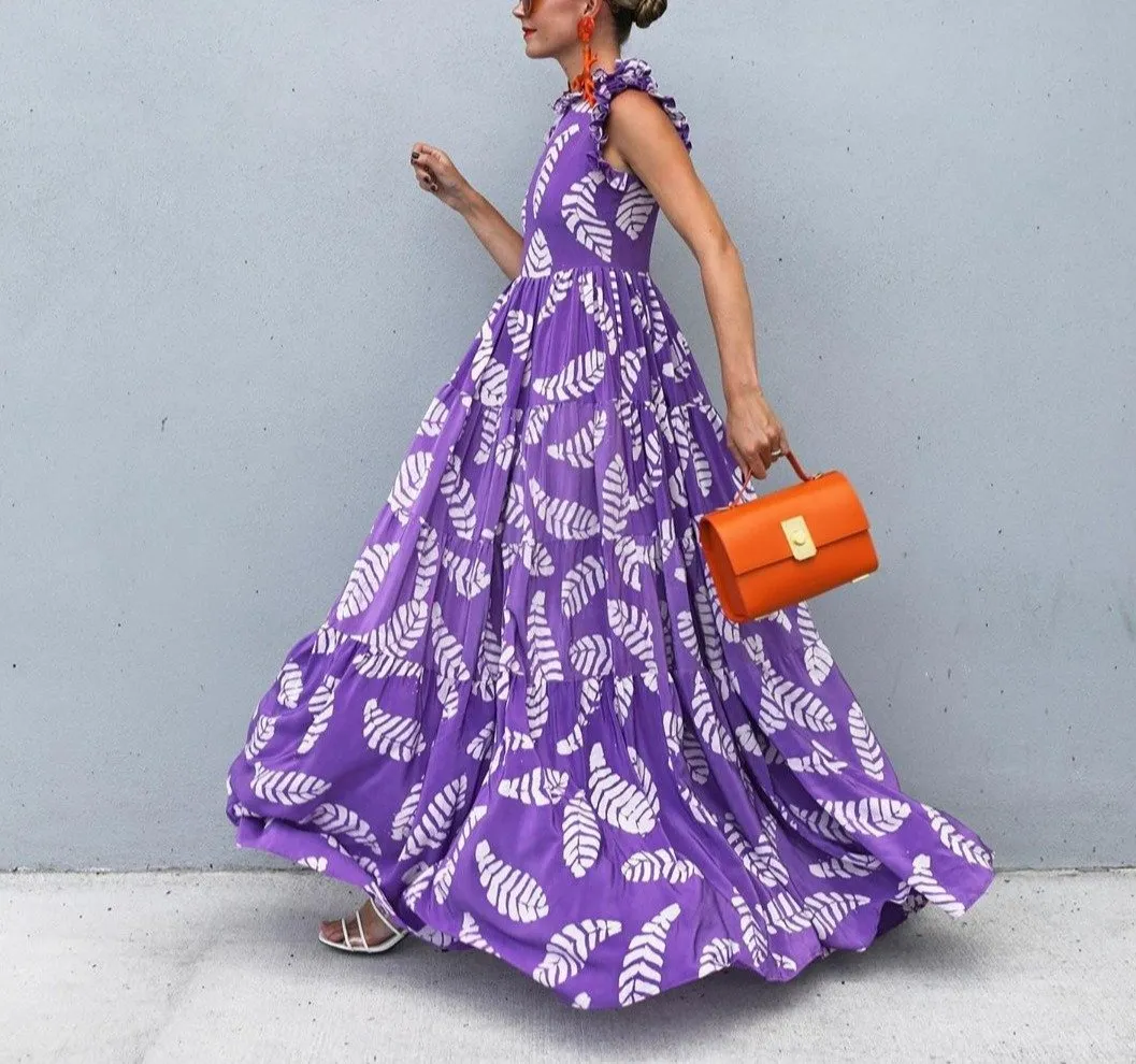 Fashion Purple Leaf Prints Maxi Dress