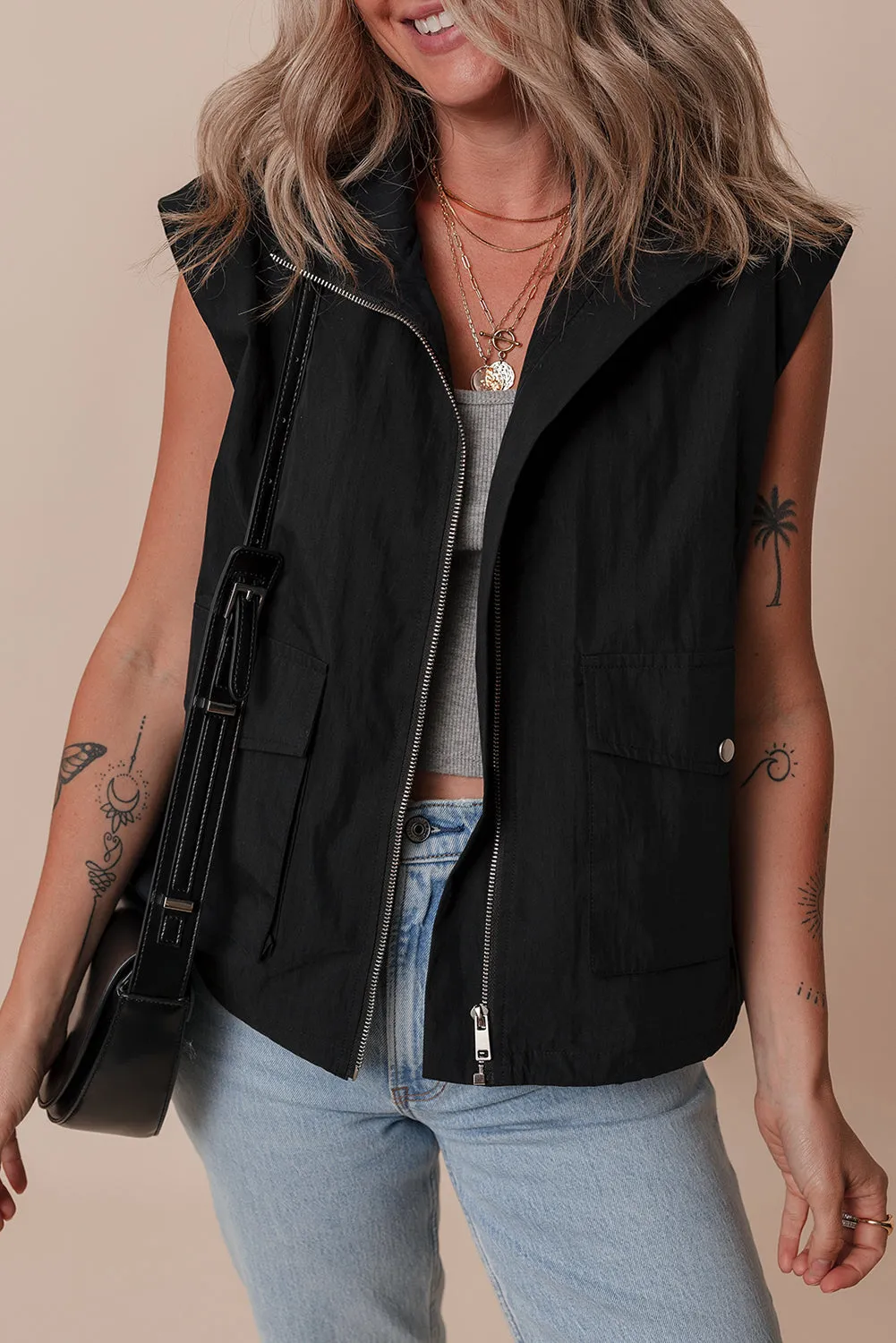 Flap Pockets Zip Up High Neck Vest