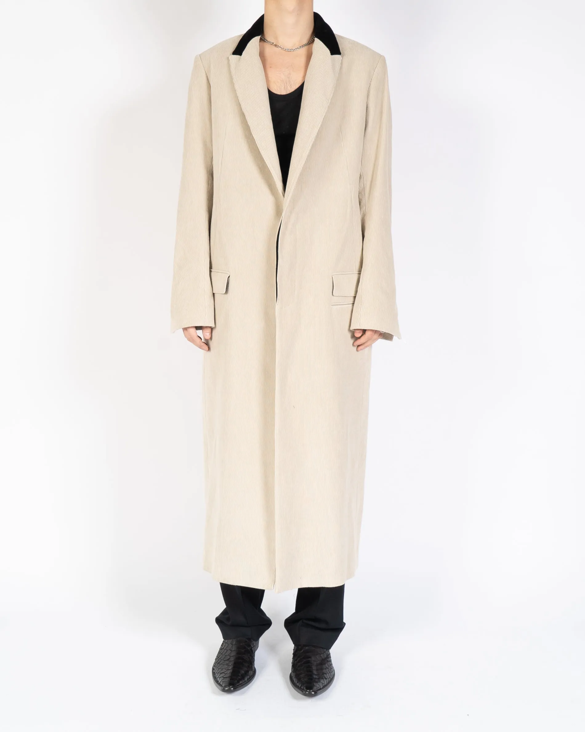 FW19 Beige Cord Coat with Black Velvet Collar