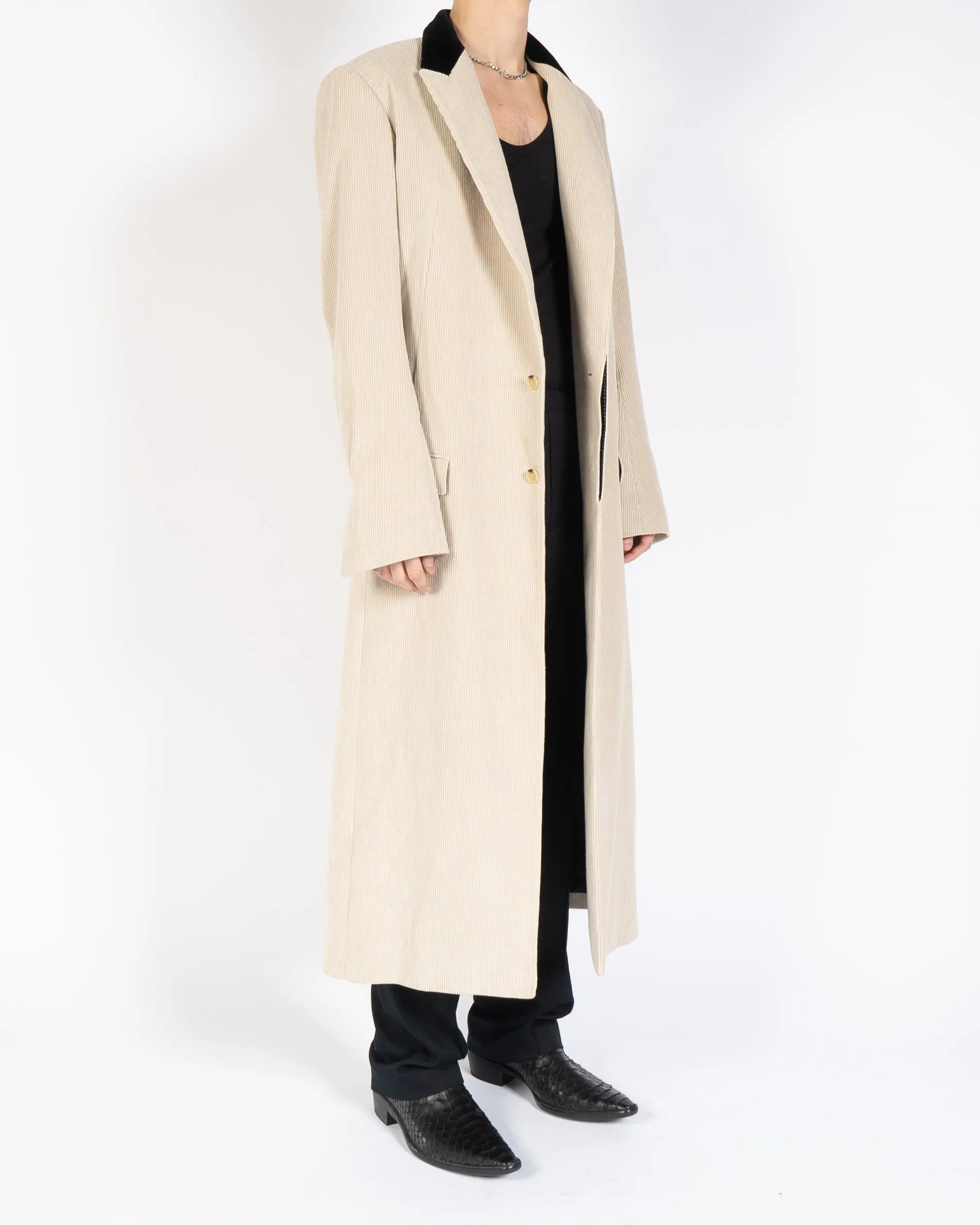 FW19 Beige Cord Coat with Black Velvet Collar