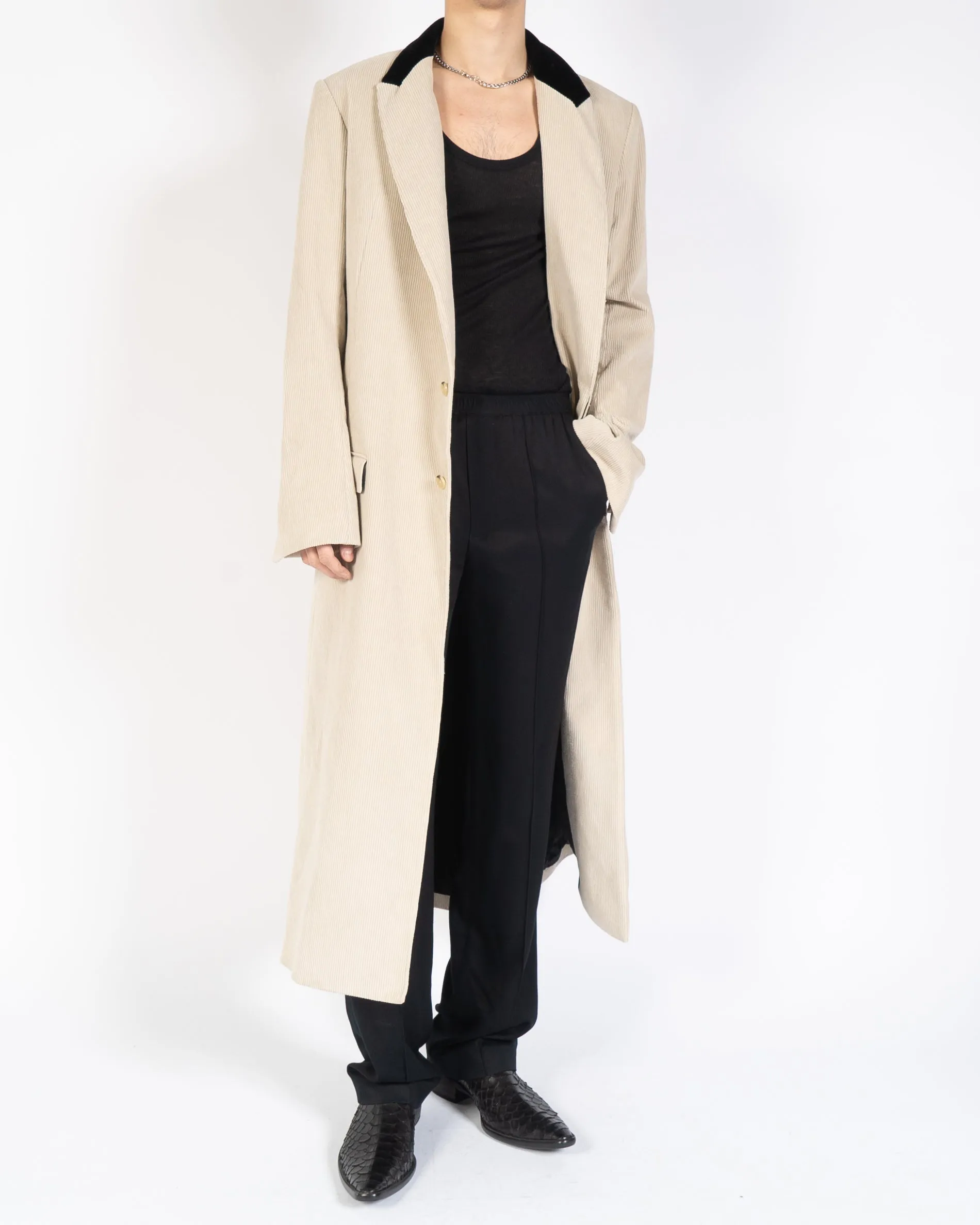 FW19 Beige Cord Coat with Black Velvet Collar