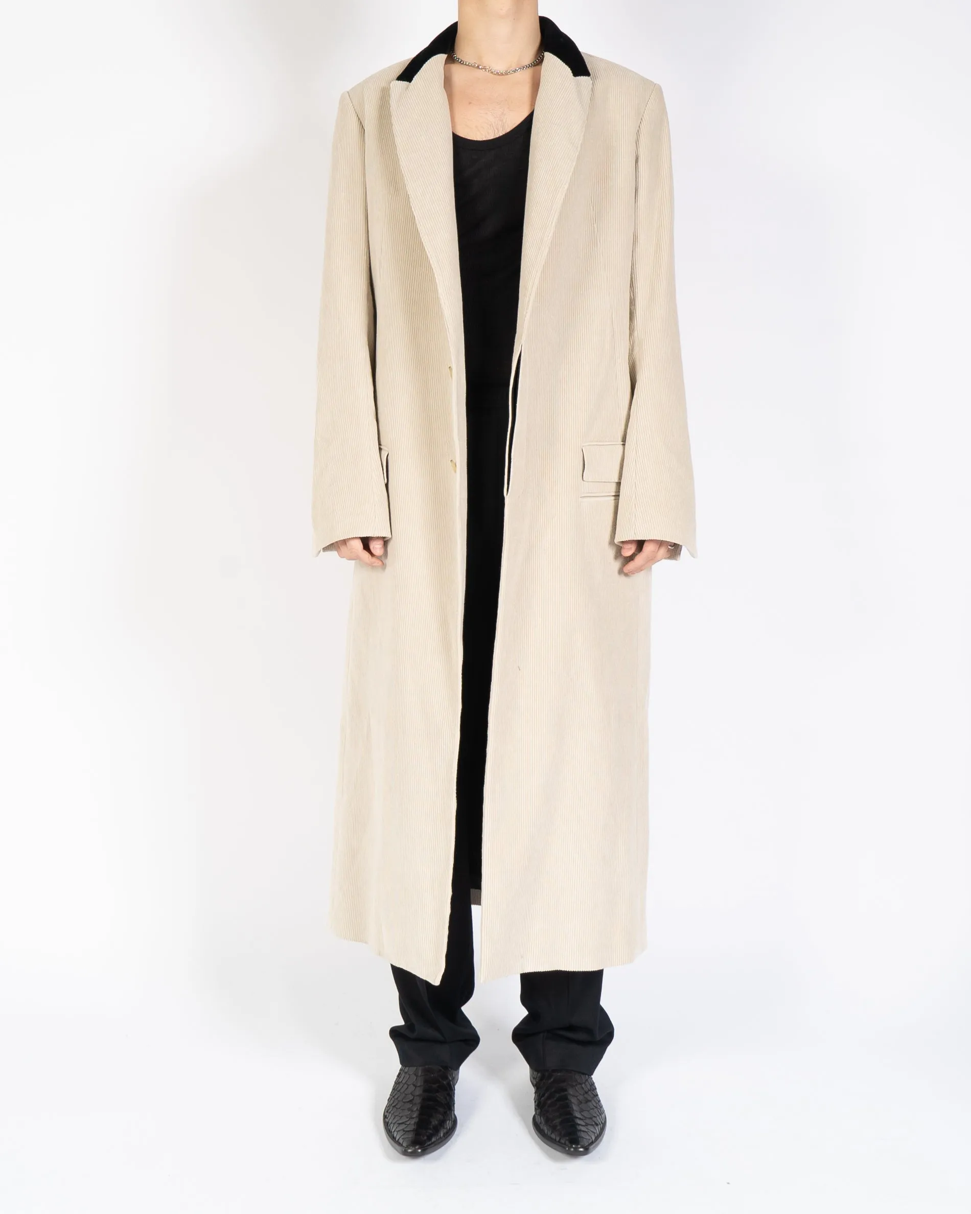 FW19 Beige Cord Coat with Black Velvet Collar