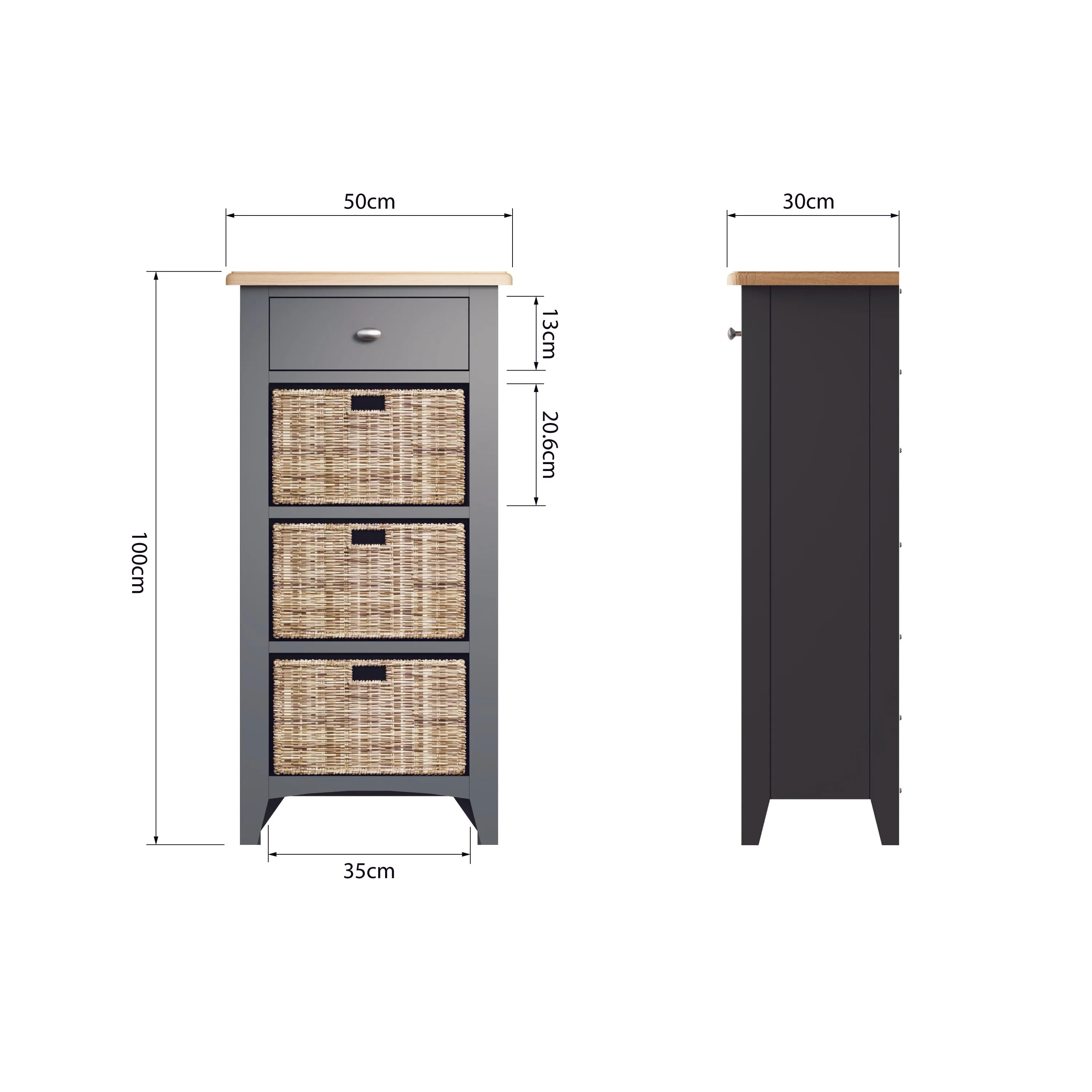 Malmesbury Grey Cabinet 1 Drawer 3 Basket 50 x 30 x 100 cm