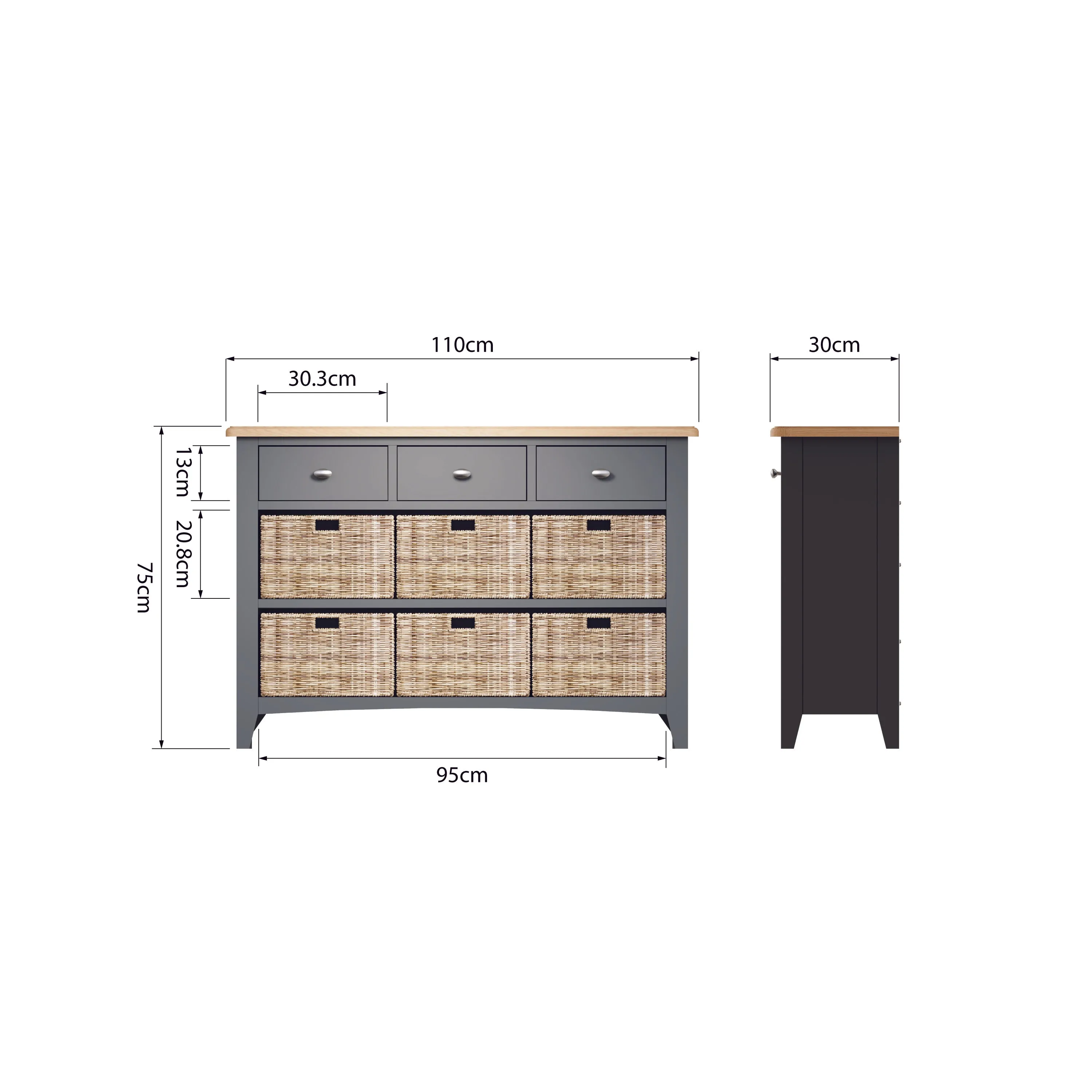 Malmesbury Grey Storage Cabinet Unit 3 Drawer 6 Basket 110 x 30 x 75 cm