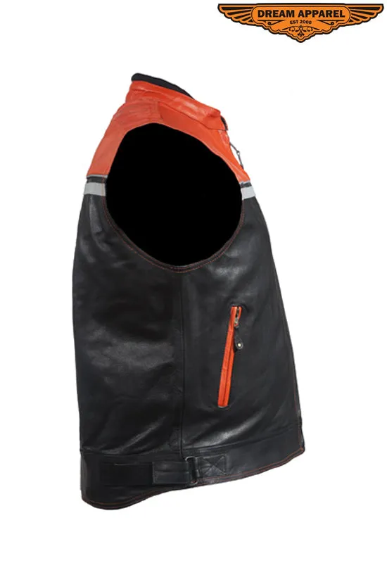 Mens Black & Orange Leather Vest