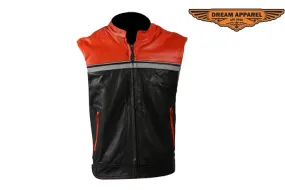 Mens Black & Orange Leather Vest